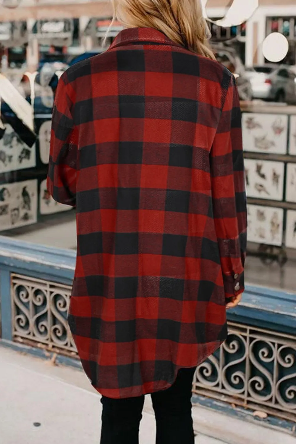 Classic Red Turn-down Collar Plaid Shirt Coat