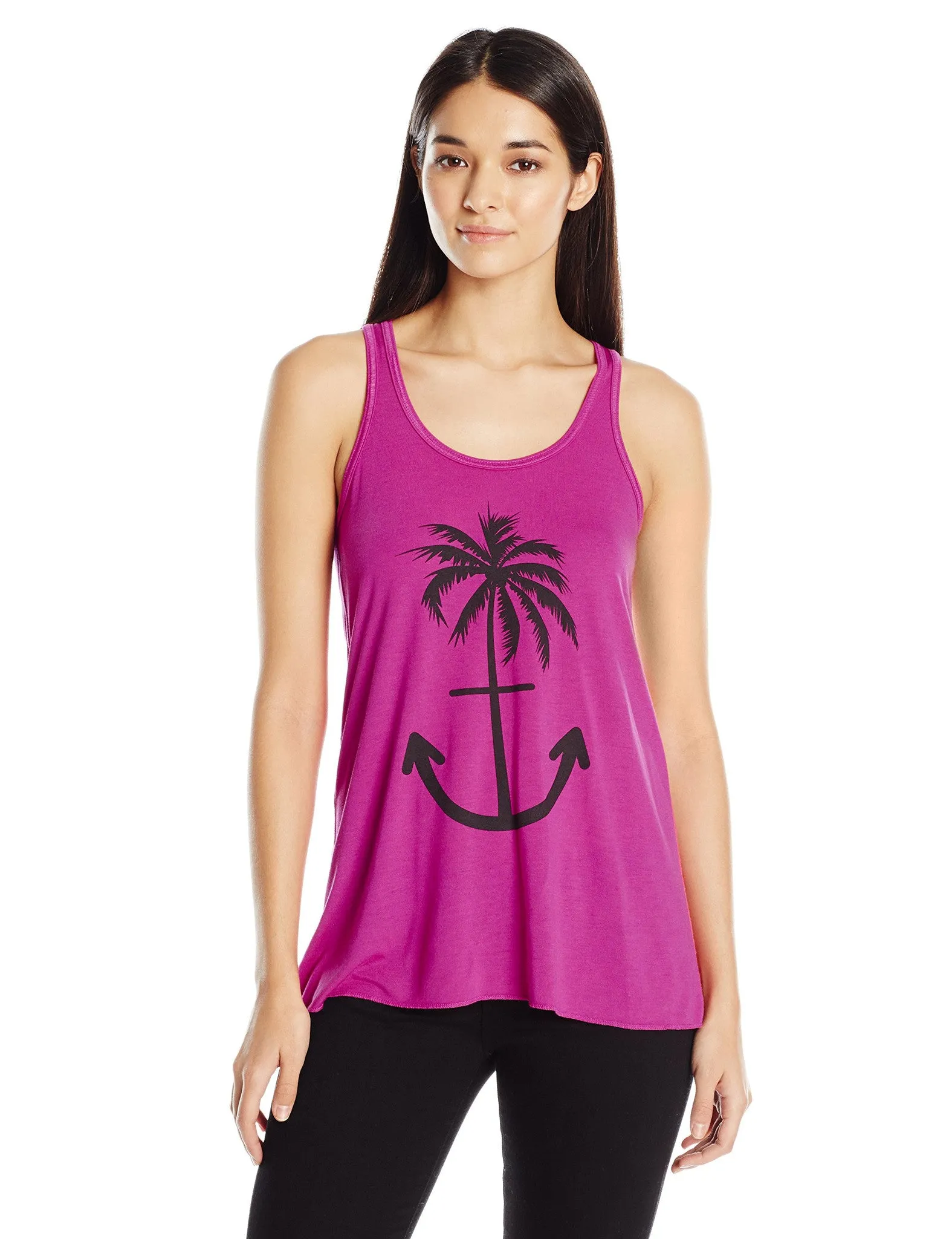 Clementine Women's Ladies' Anchor Palm Design Printed Flowy Racerback Tank