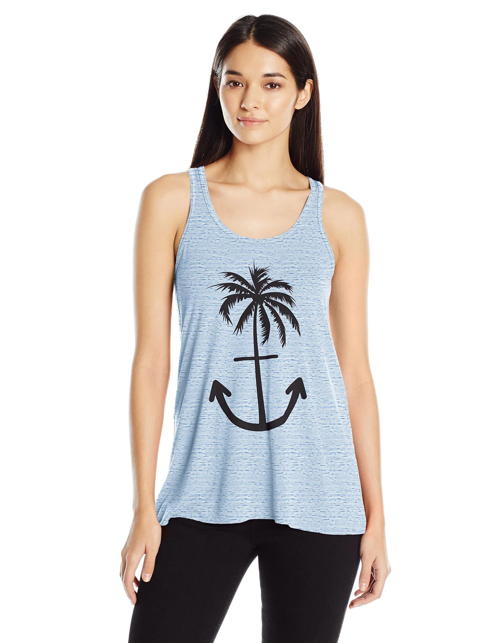 Clementine Women's Ladies' Anchor Palm Design Printed Flowy Racerback Tank