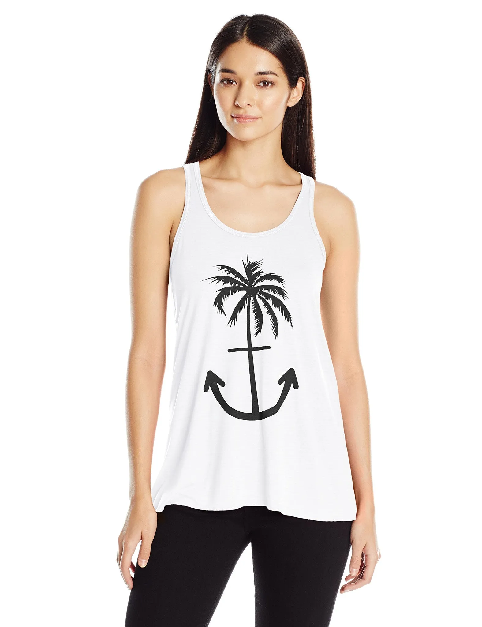 Clementine Women's Ladies' Anchor Palm Design Printed Flowy Racerback Tank