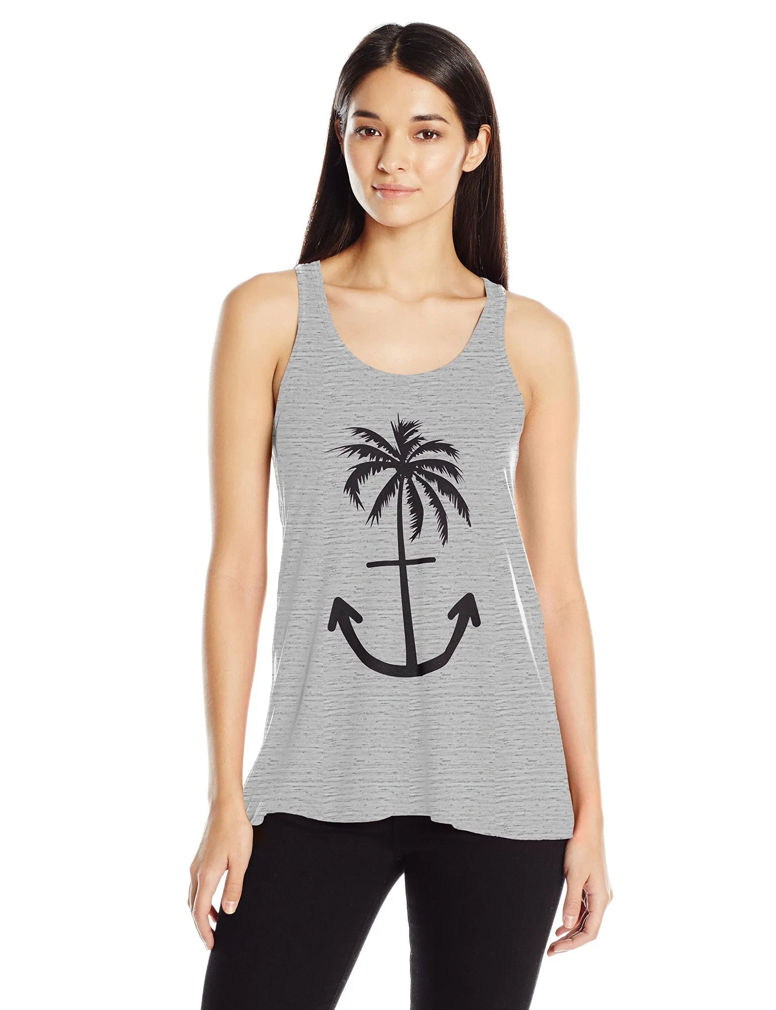 Clementine Women's Ladies' Anchor Palm Design Printed Flowy Racerback Tank