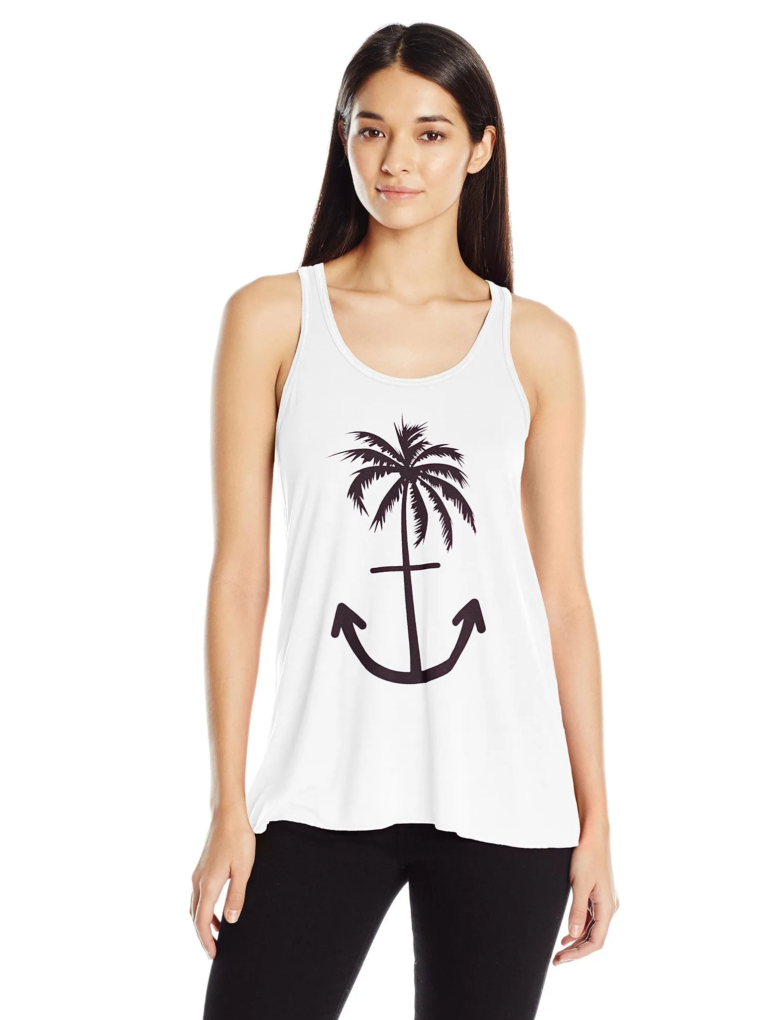 Clementine Women's Ladies' Anchor Palm Design Printed Flowy Racerback Tank