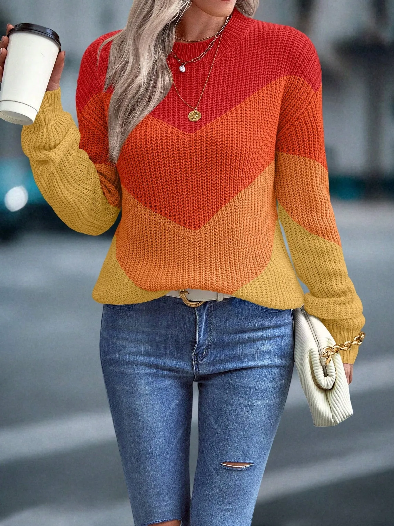 Color Block Chevron Pattern Drop Shoulder Sweater