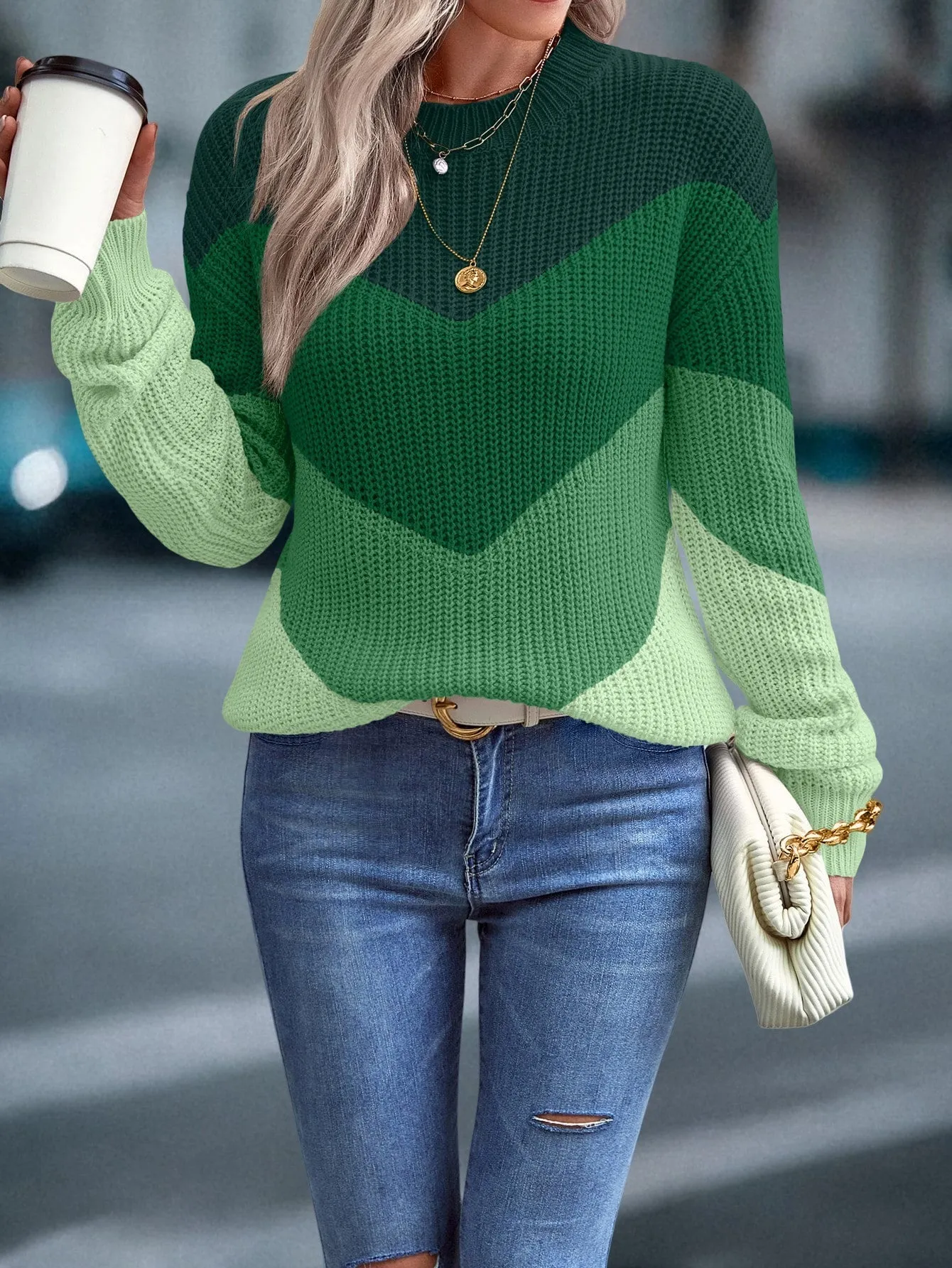 Color Block Chevron Pattern Drop Shoulder Sweater
