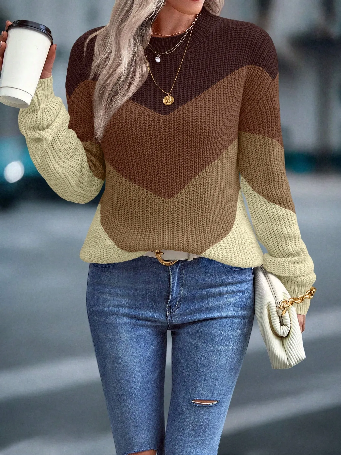 Color Block Chevron Pattern Drop Shoulder Sweater