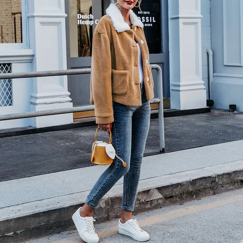 Color-block Lapel Long Sleeve Plush Coat
