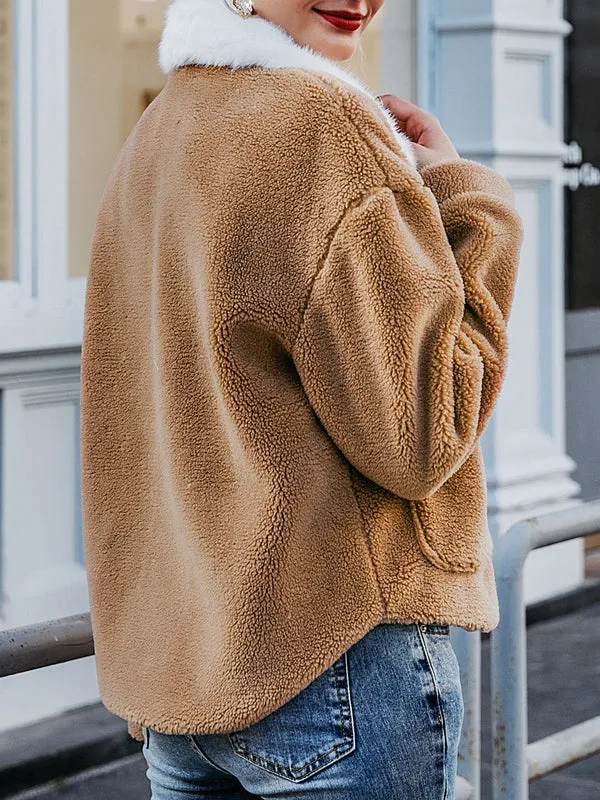 Color-block Lapel Long Sleeve Plush Coat