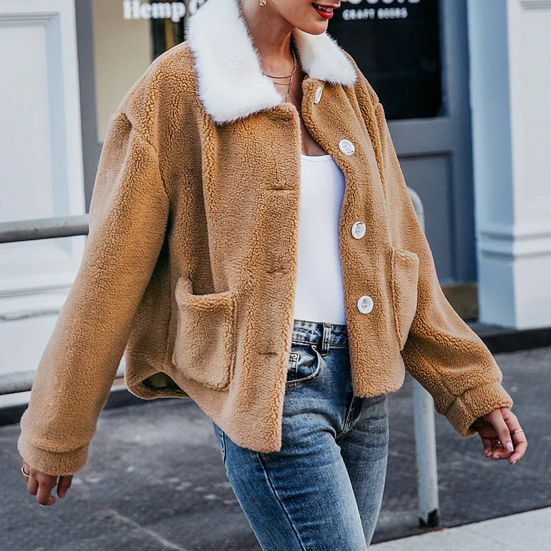 Color-block Lapel Long Sleeve Plush Coat
