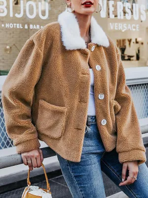 Color-block Lapel Long Sleeve Plush Coat