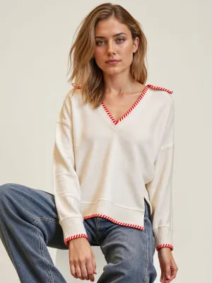 Contrast Stitch Polo Pullover Sweater