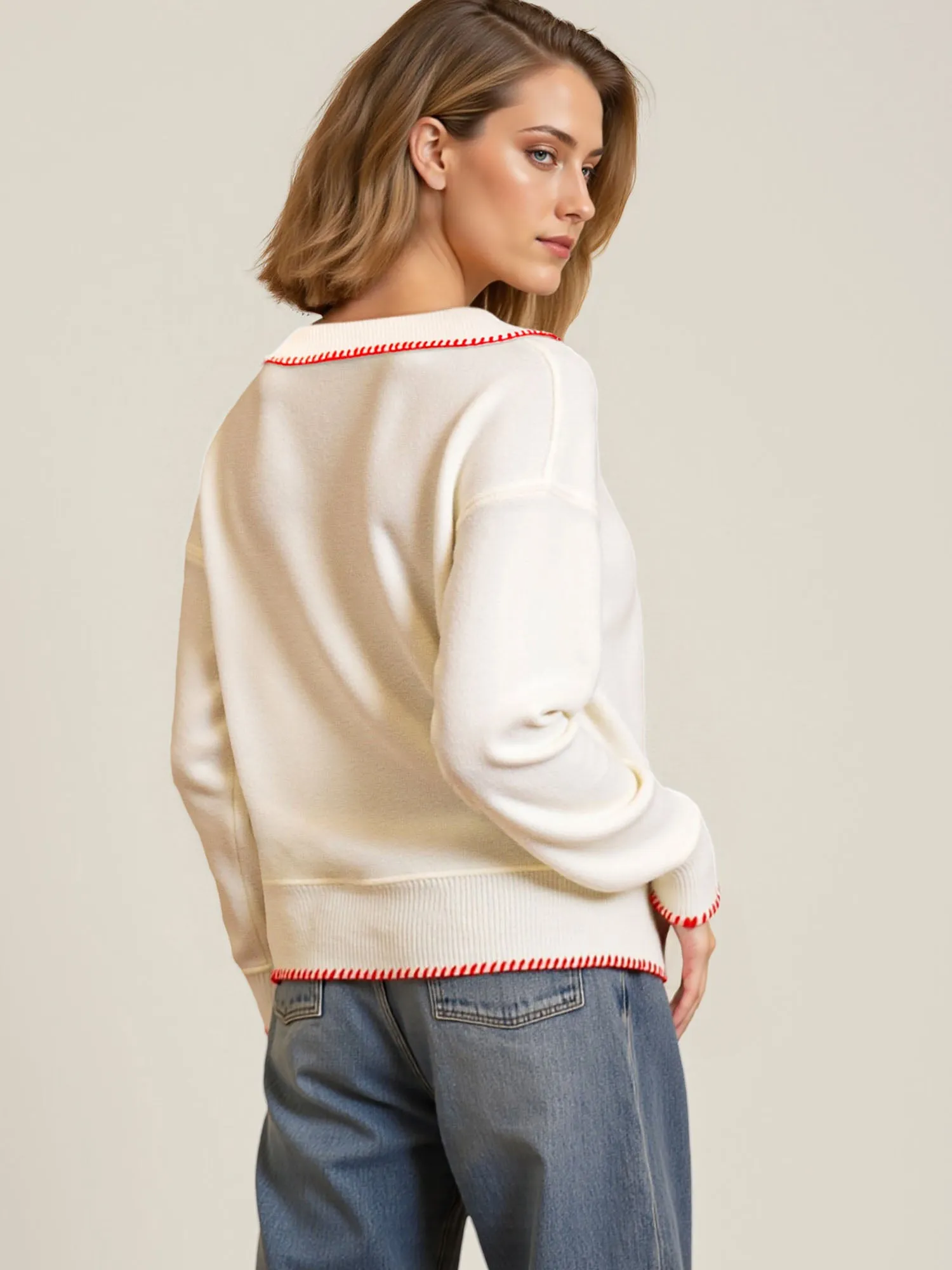 Contrast Stitch Polo Pullover Sweater