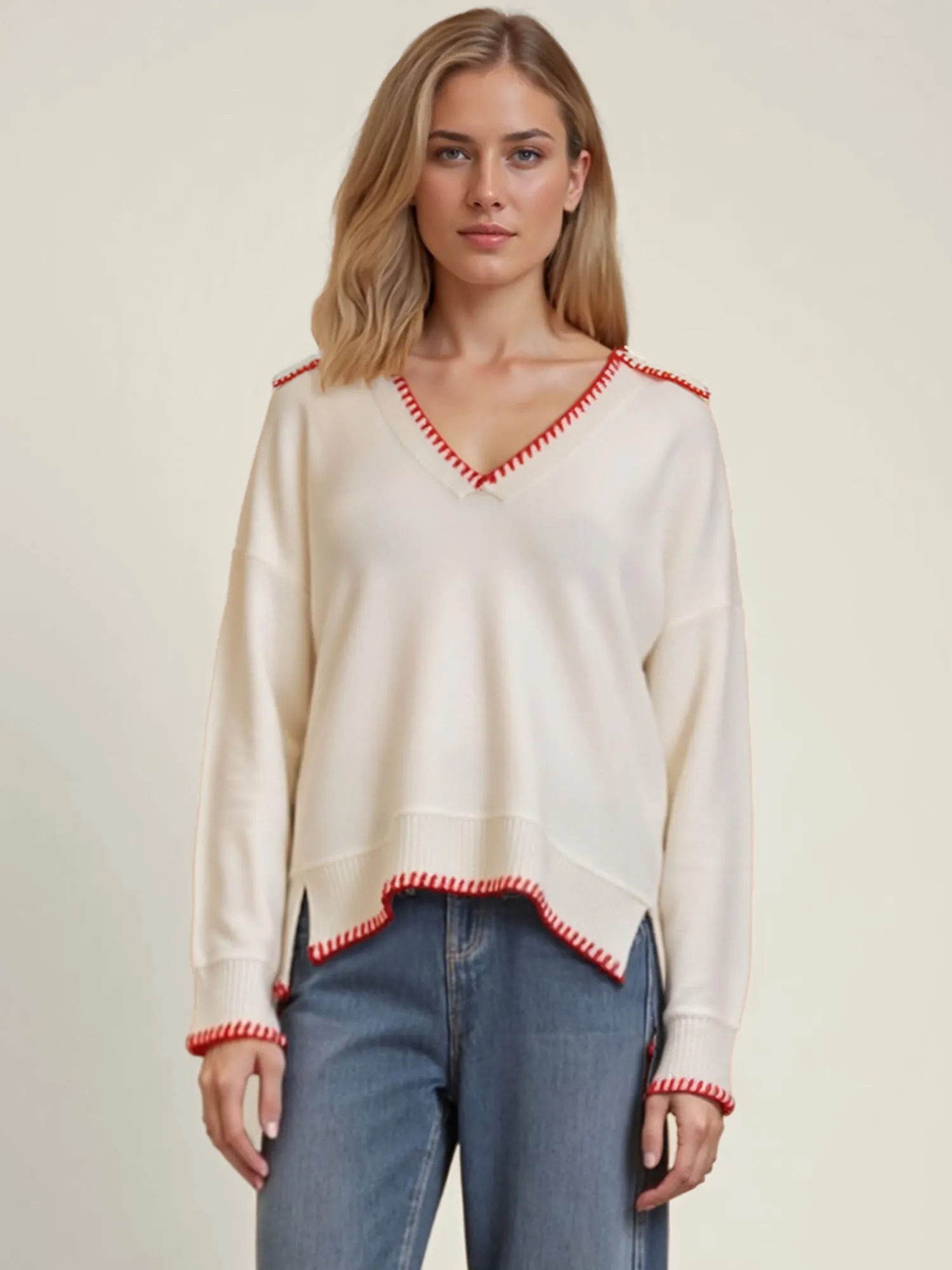 Contrast Stitch Polo Pullover Sweater