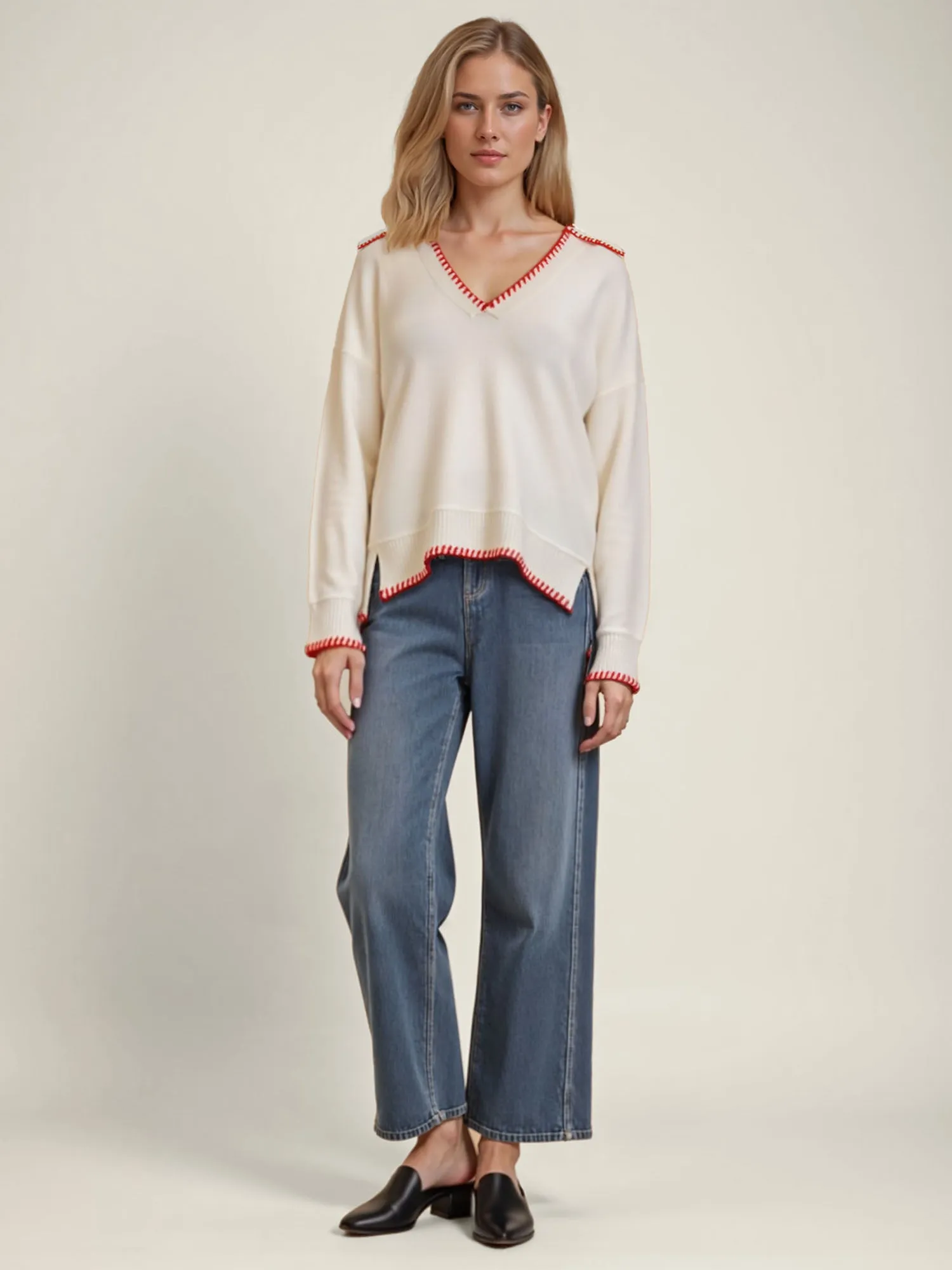 Contrast Stitch Polo Pullover Sweater