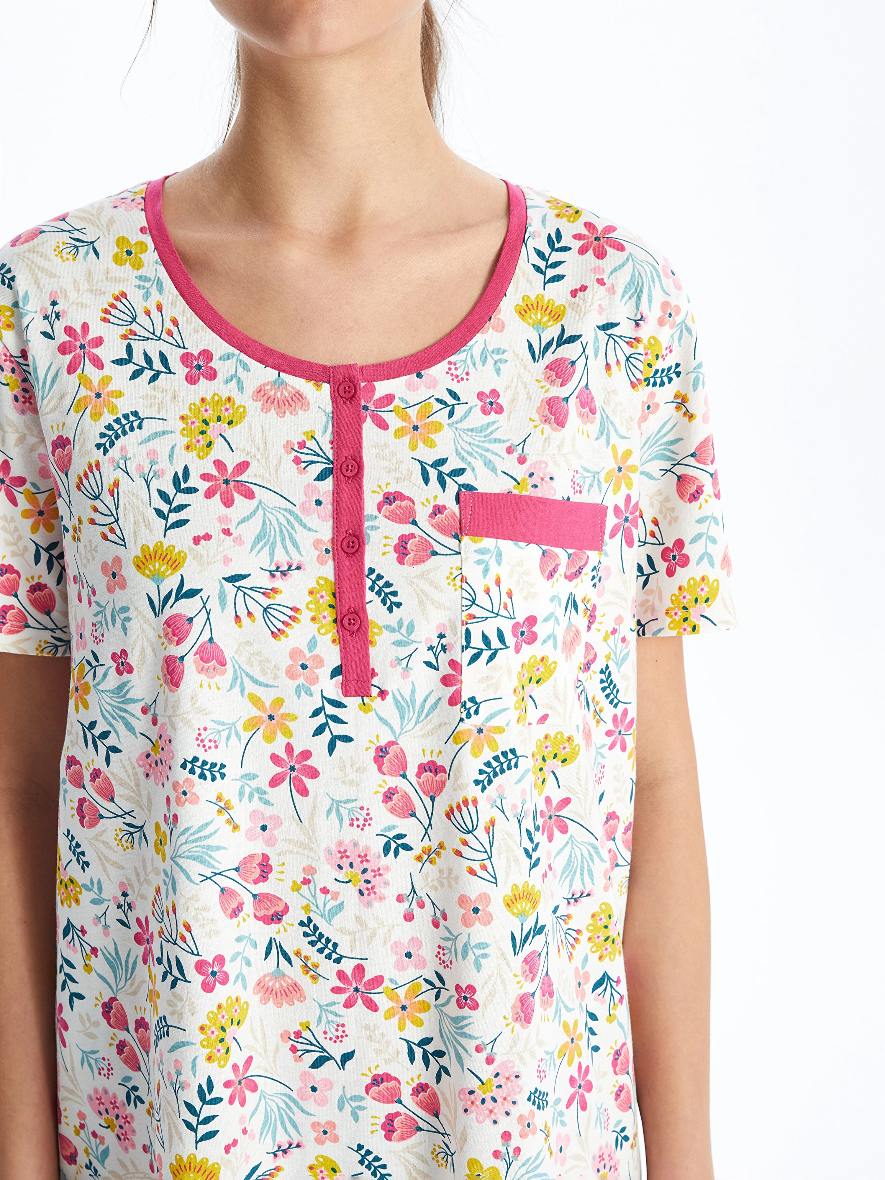 Crew Neck Floral Short Sleeve Women Nightgown