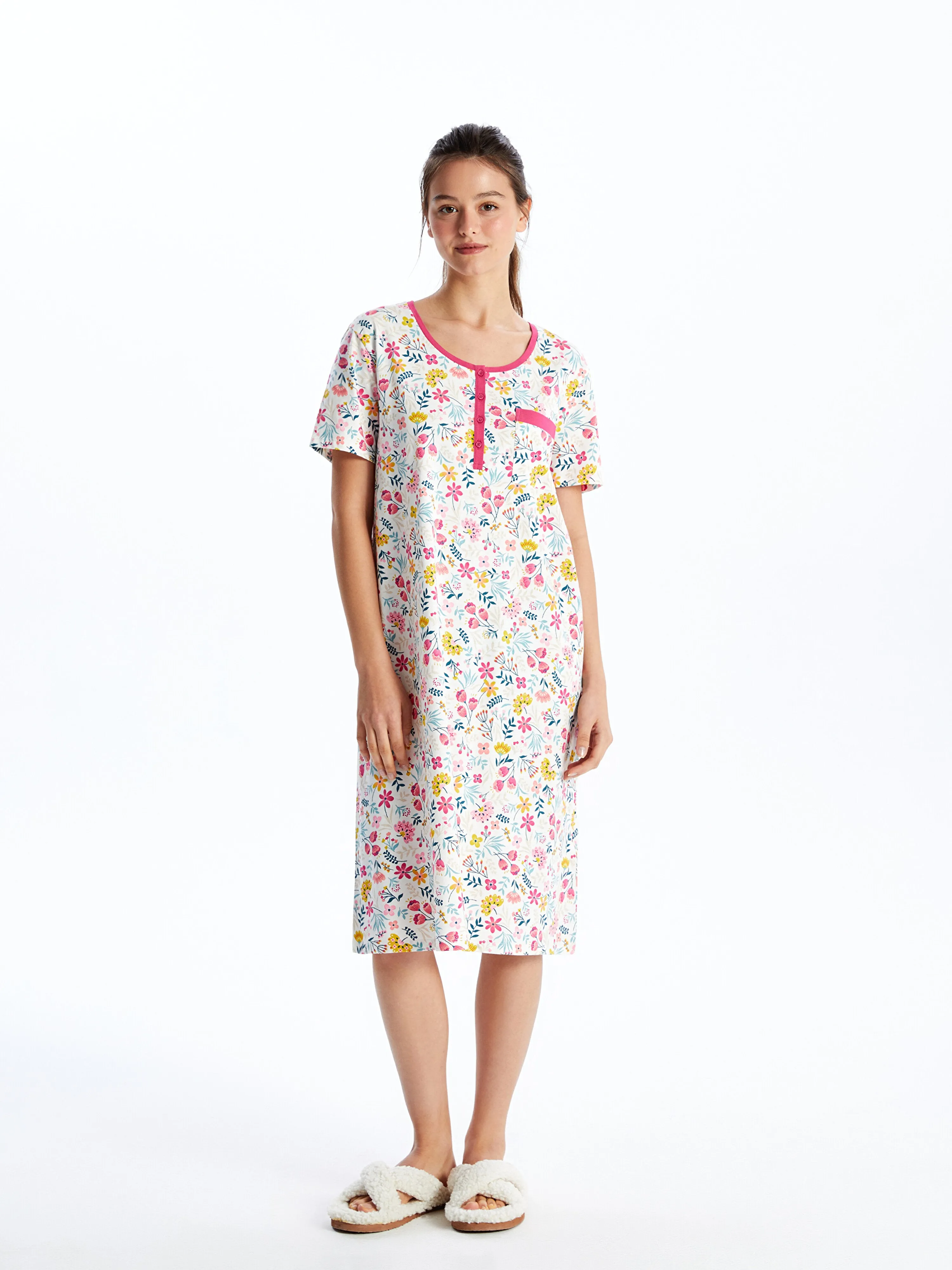 Crew Neck Floral Short Sleeve Women Nightgown