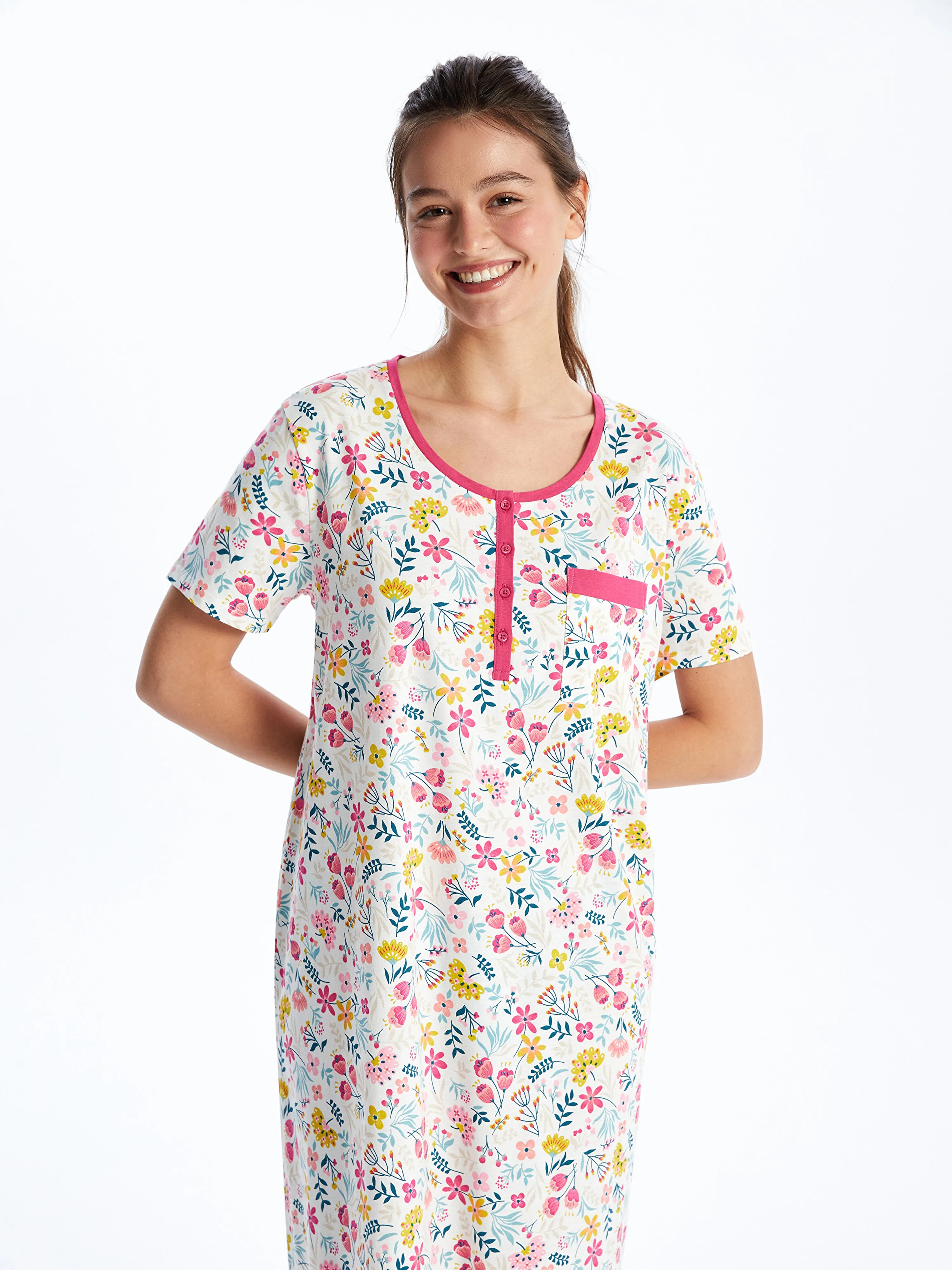 Crew Neck Floral Short Sleeve Women Nightgown
