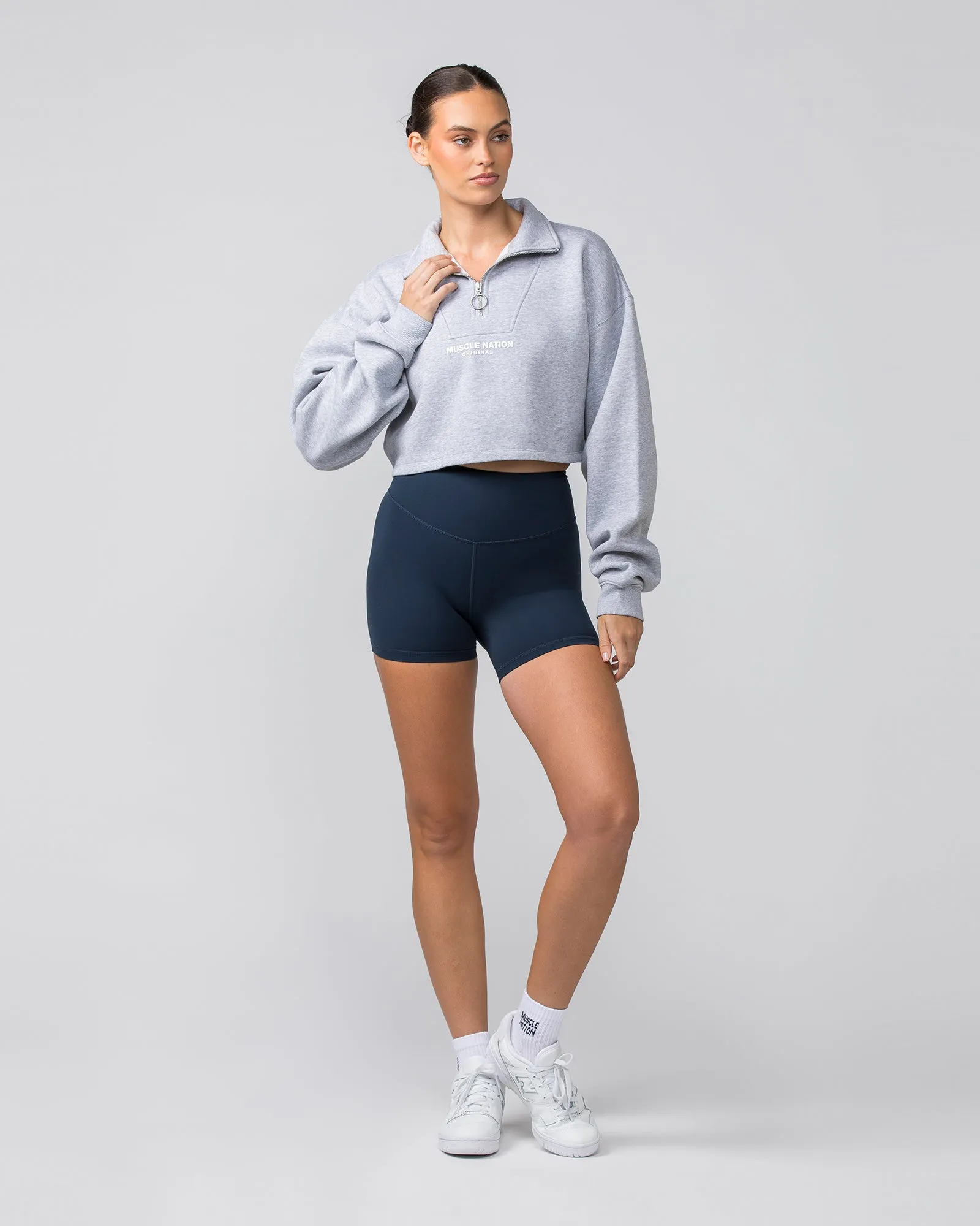 Cropped Quarter Zip - Light Grey Marl