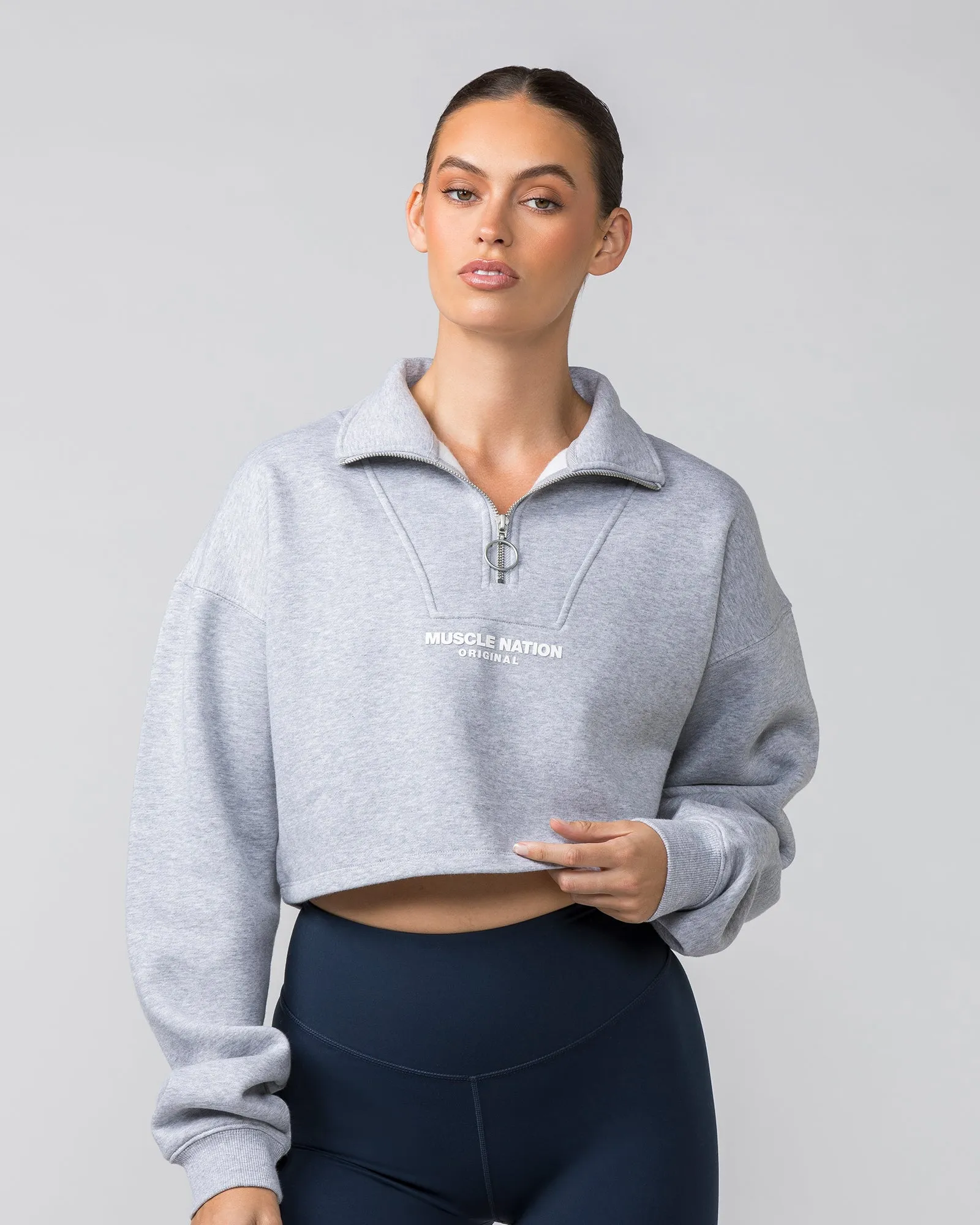 Cropped Quarter Zip - Light Grey Marl