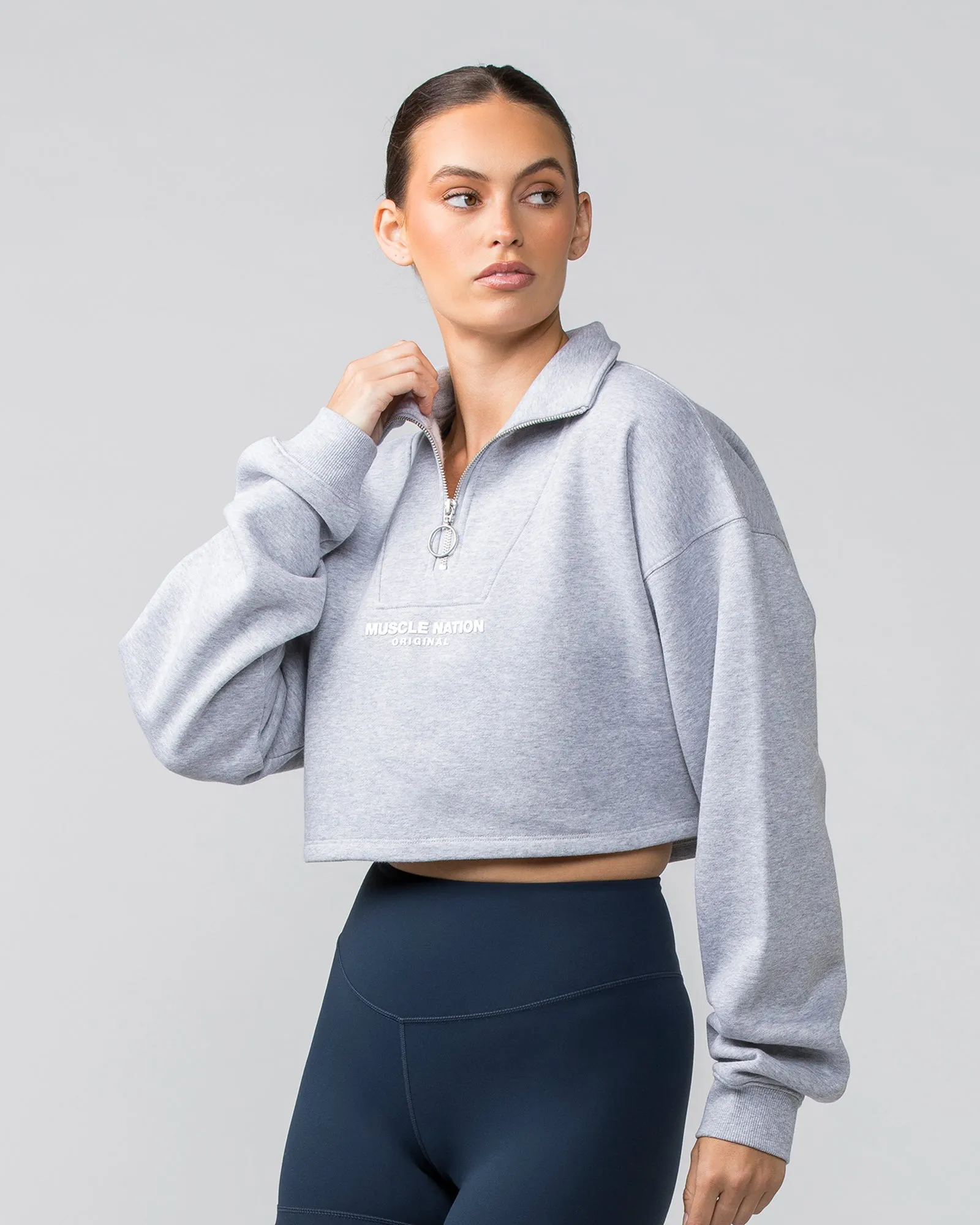 Cropped Quarter Zip - Light Grey Marl