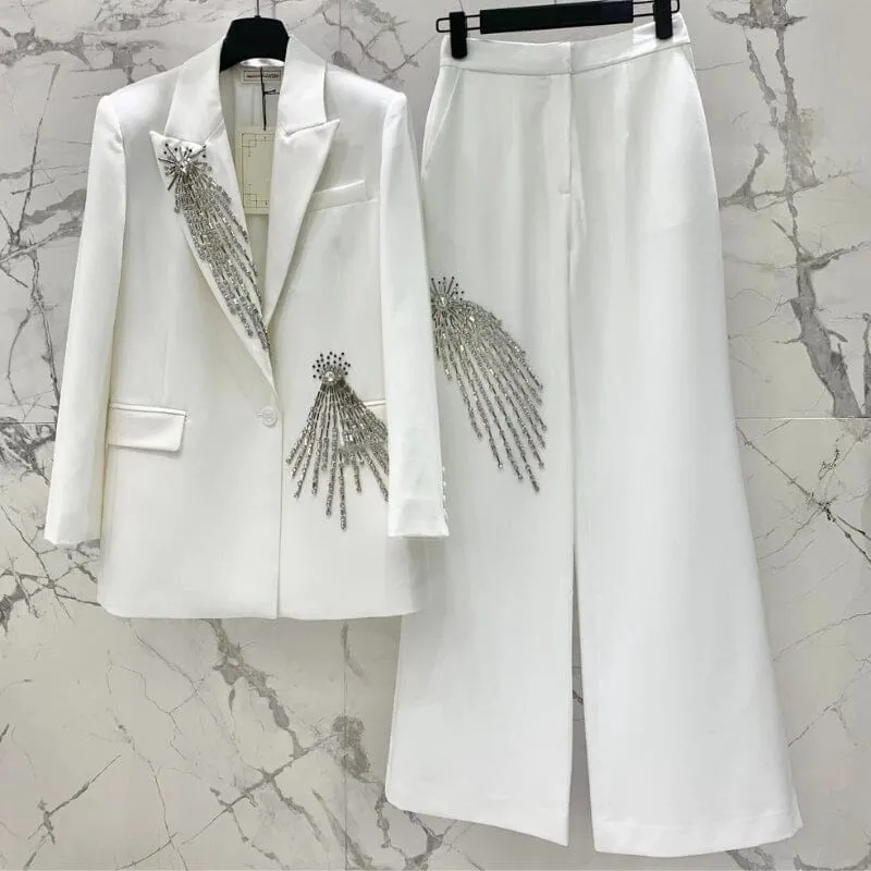 CRYSTAL EMBELLISHED CREPE SUIT SET IN WHITE