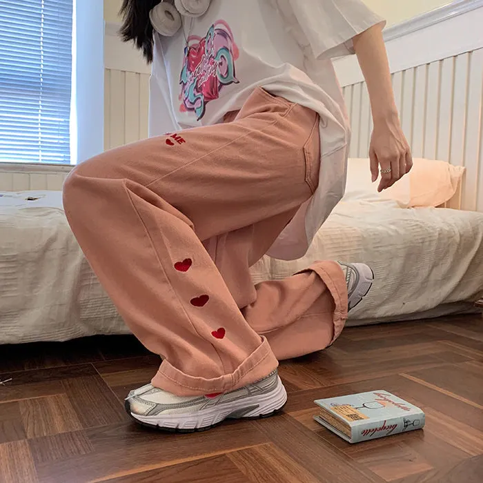 Cute Love Embroidery Long Pink Jeans Pants