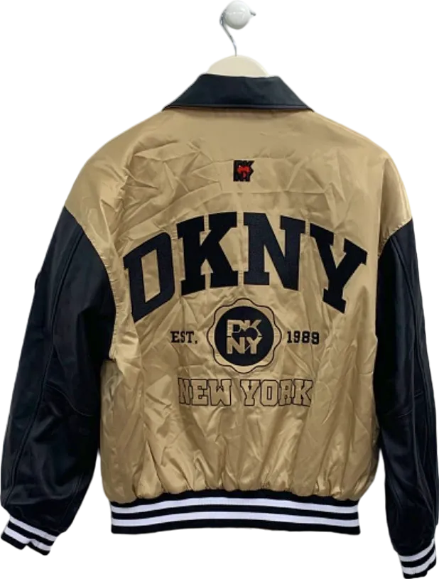 DKNY Beige Black Satin Varsity Jacket UK S