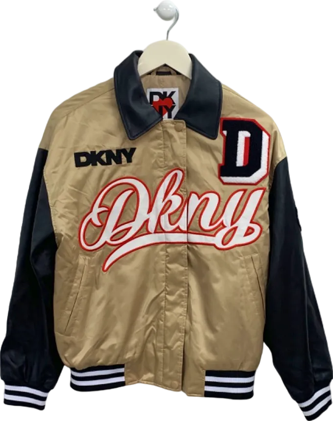 DKNY Beige Black Satin Varsity Jacket UK S