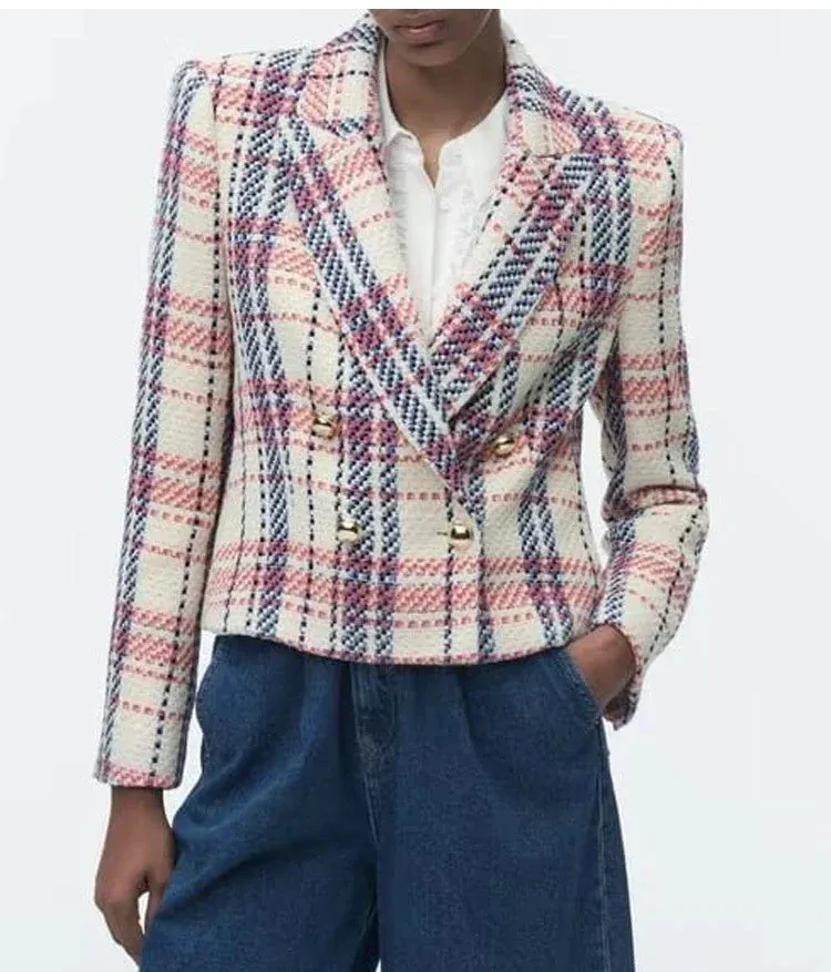 Double Breasted Chic Plaid Coats