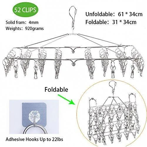 DX DA XIN Clip and Drip Hanger -52 Clips Clothes Drying Hanger for Delicates, Jeans, Sock, Scarf, Gloves, Underwear, Bras, Cloth Diapers - with 20 Metal Clothespins and 6 Self Adhesive Hooks
