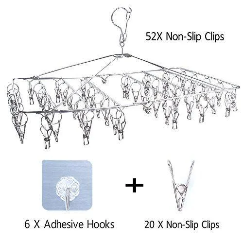 DX DA XIN Clip and Drip Hanger -52 Clips Clothes Drying Hanger for Delicates, Jeans, Sock, Scarf, Gloves, Underwear, Bras, Cloth Diapers - with 20 Metal Clothespins and 6 Self Adhesive Hooks