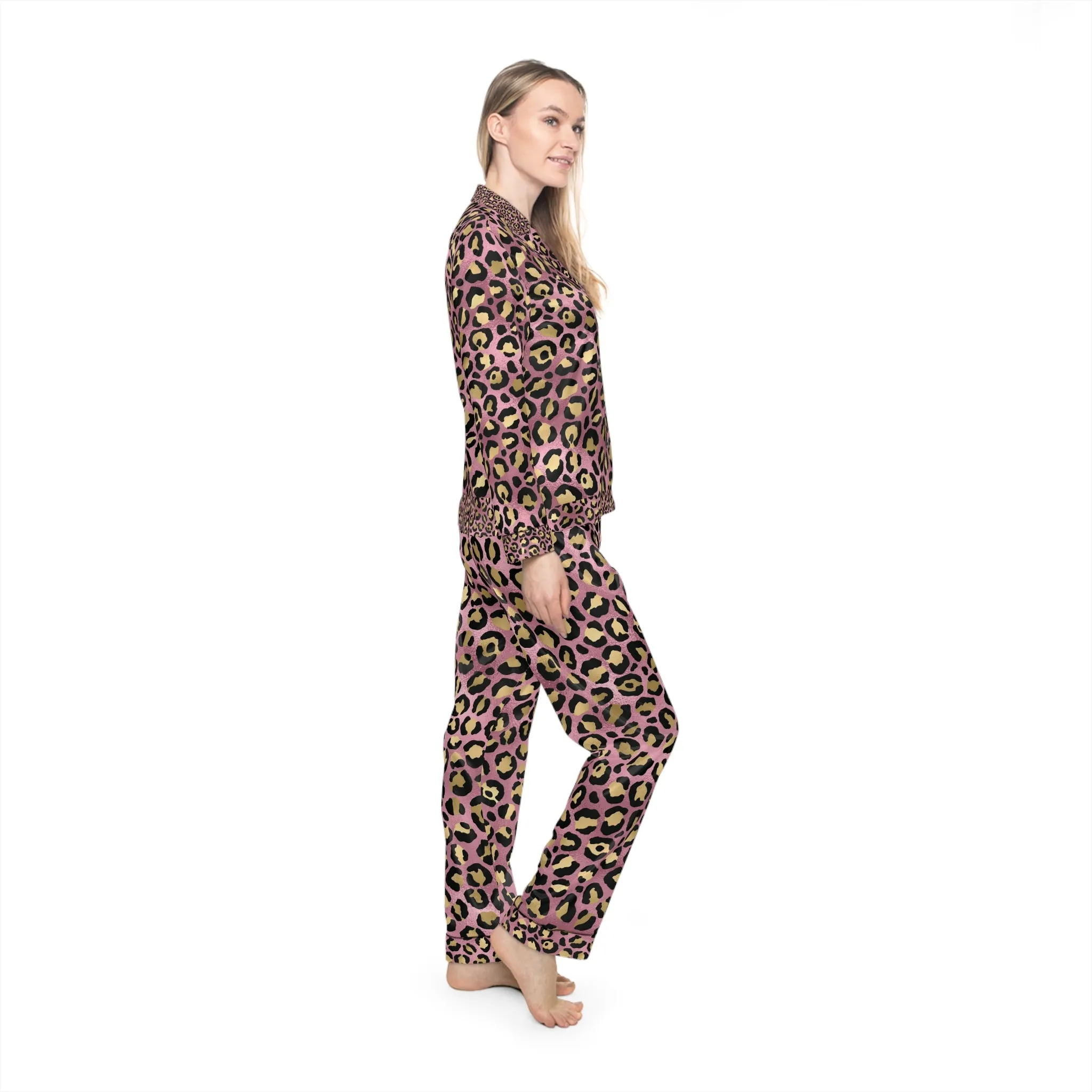 Elegant Women's Satin Pajamas Set - Pink and Gold Leopard Print