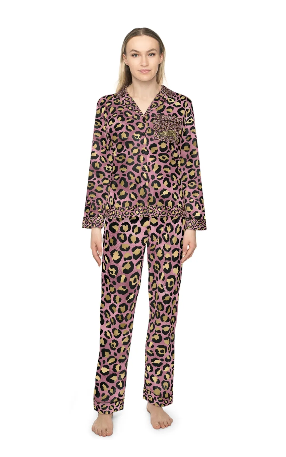 Elegant Women's Satin Pajamas Set - Pink and Gold Leopard Print