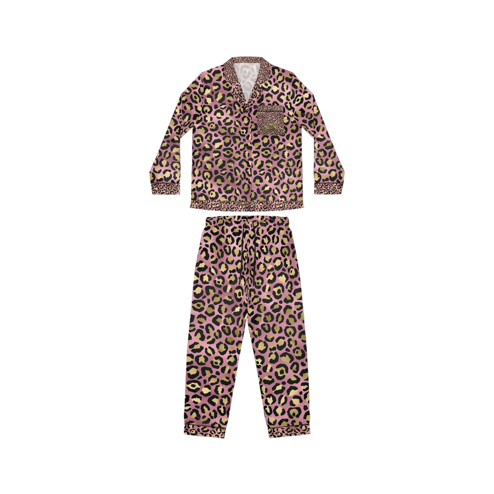 Elegant Women's Satin Pajamas Set - Pink and Gold Leopard Print