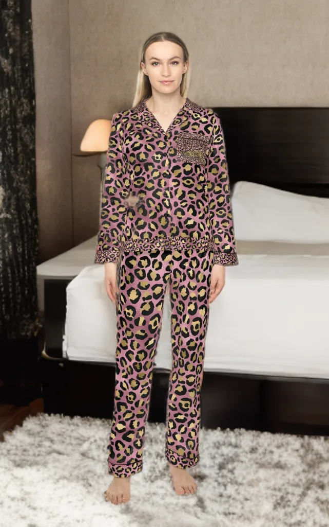 Elegant Women's Satin Pajamas Set - Pink and Gold Leopard Print
