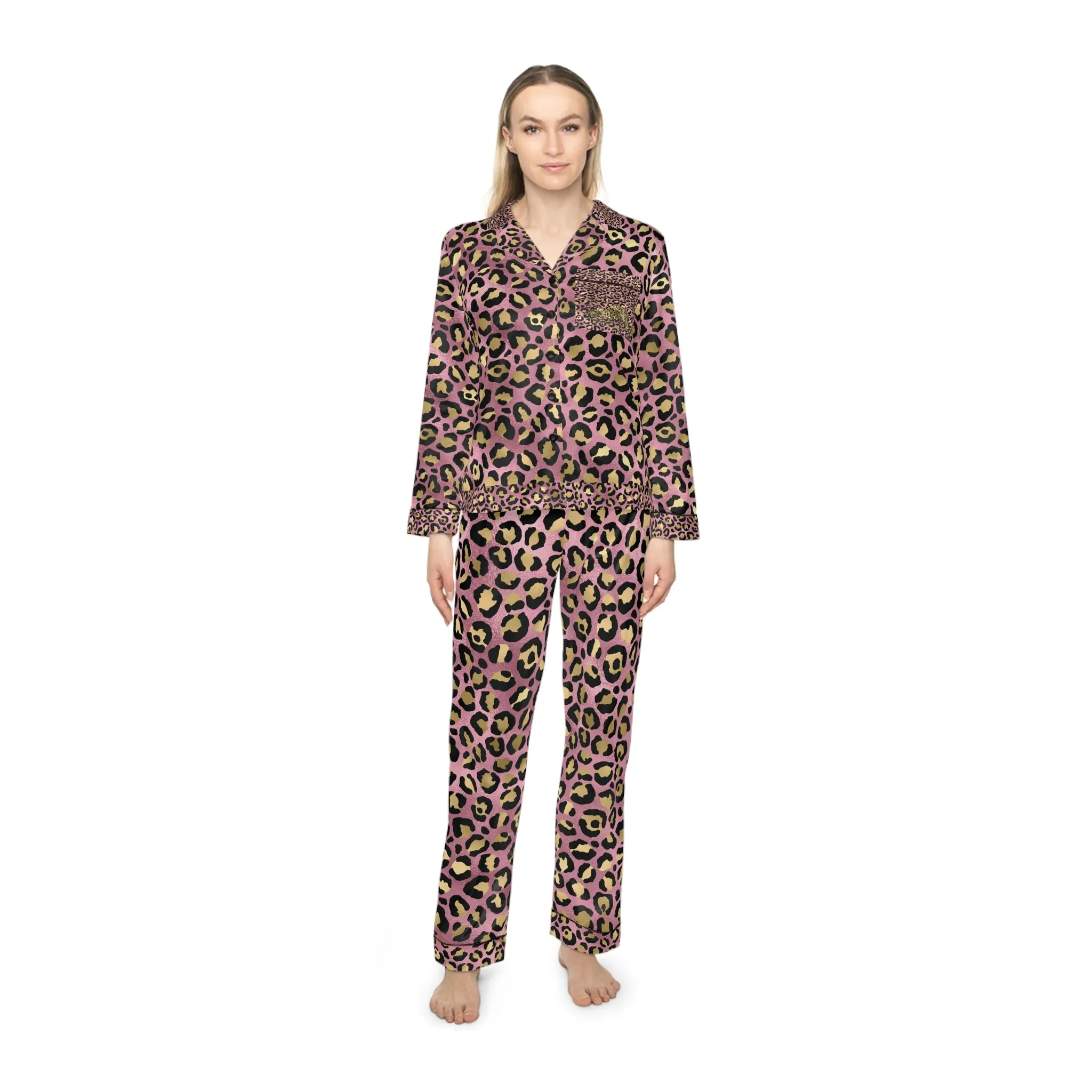 Elegant Women's Satin Pajamas Set - Pink and Gold Leopard Print