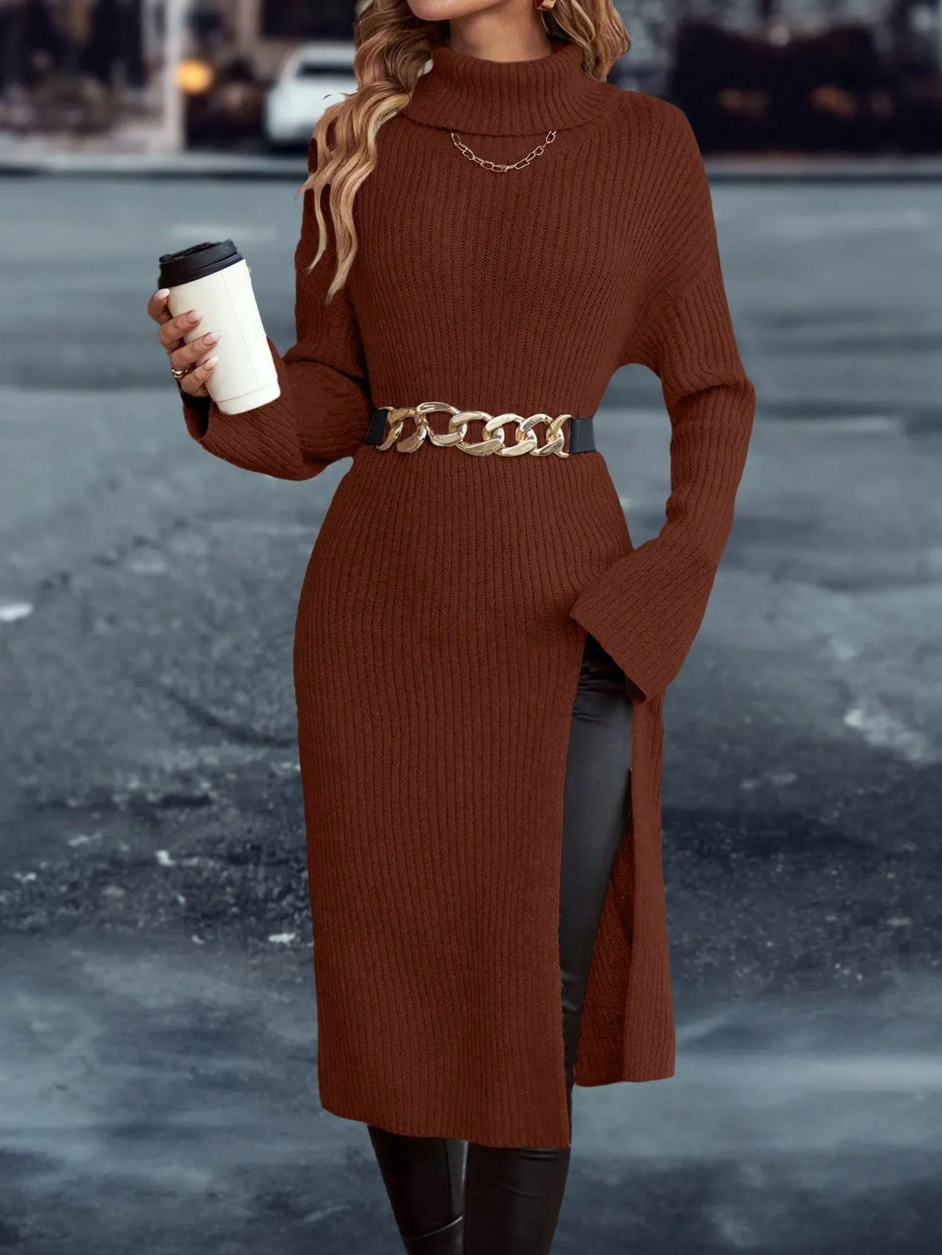 Essnce Turtleneck Drop Shoulder Split Hem Sweater