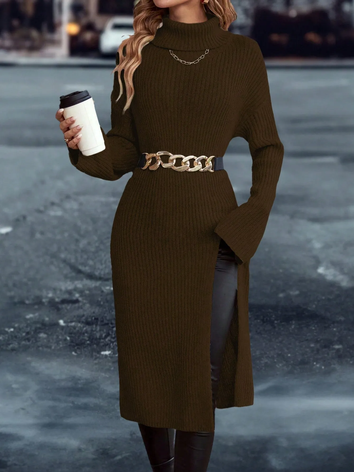 Essnce Turtleneck Drop Shoulder Split Hem Sweater