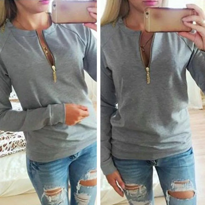 Fashion Ladies V-Neck Long Sleeve Hoodie Women Jumper Pullover Tops
