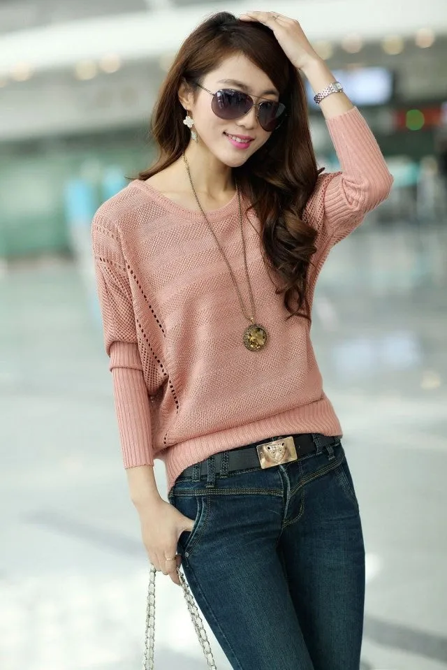 Fashion Women Solid Hollow Out Batwing Sleeve Sweater Casual Loose Knitted Pullover Female Autumn Jumper LY137