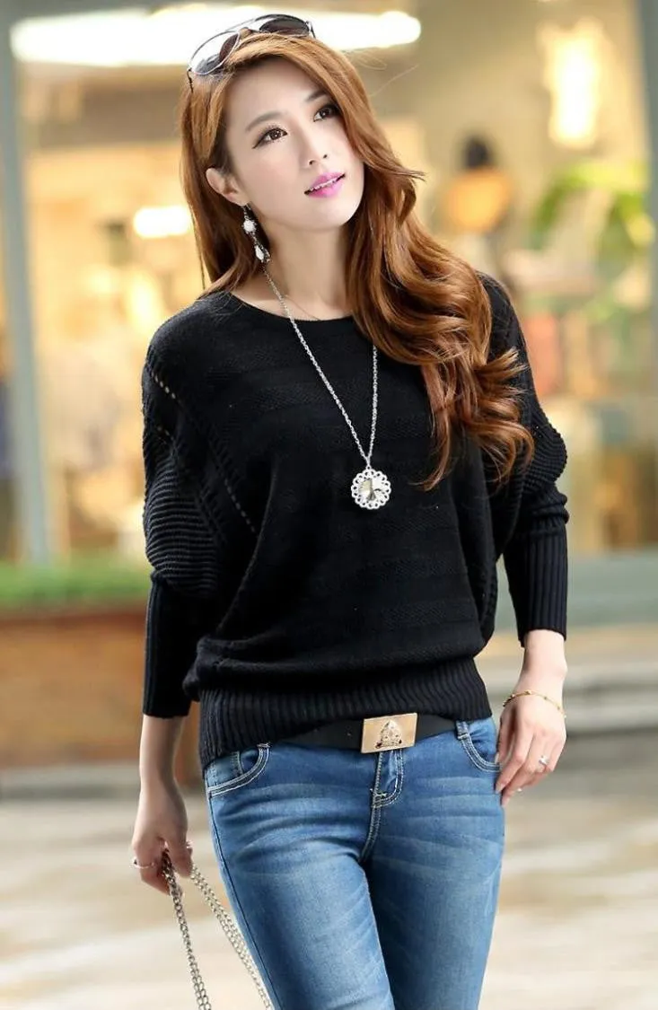 Fashion Women Solid Hollow Out Batwing Sleeve Sweater Casual Loose Knitted Pullover Female Autumn Jumper LY137