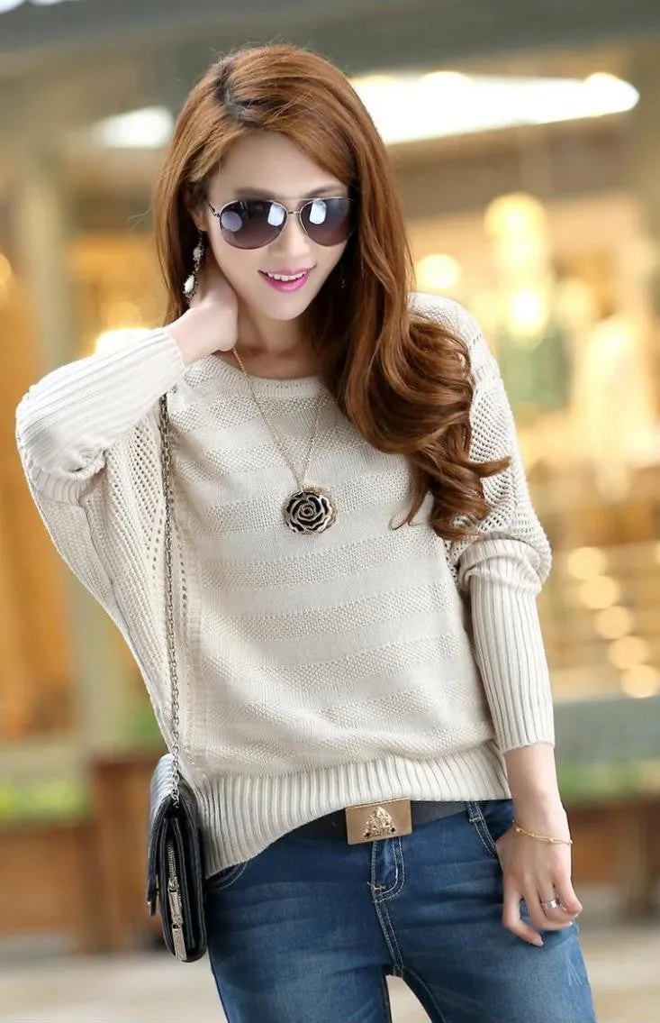 Fashion Women Solid Hollow Out Batwing Sleeve Sweater Casual Loose Knitted Pullover Female Autumn Jumper LY137