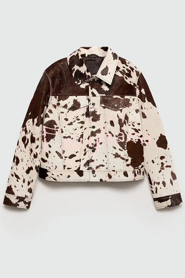 Fashionable Irregular Cow Pattern Lapel Short Jacket