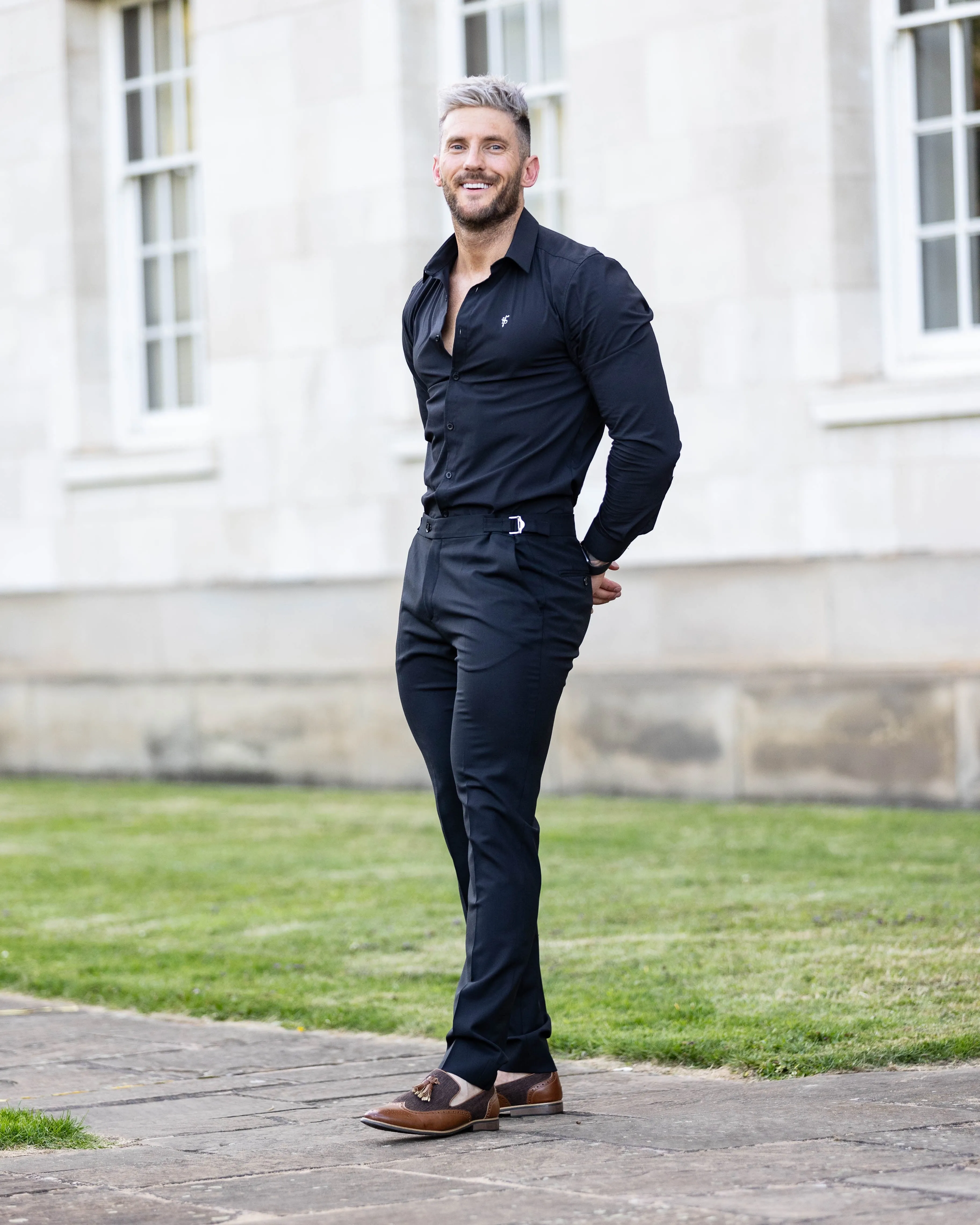 Father Sons Slim Formal Black Stretch Trousers With Silver Waist Adjusters - FST035