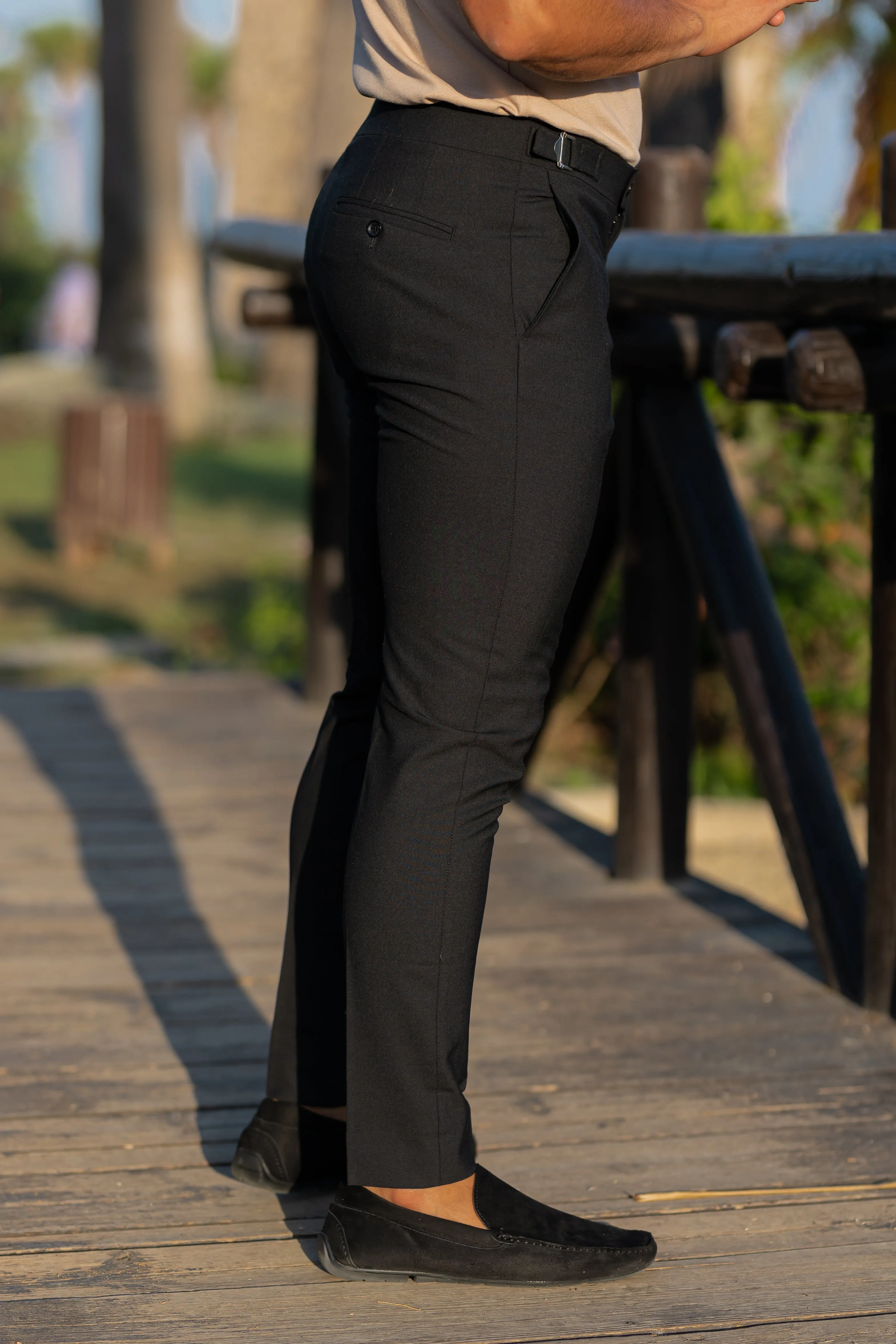 Father Sons Slim Formal Black Stretch Trousers With Silver Waist Adjusters - FST035