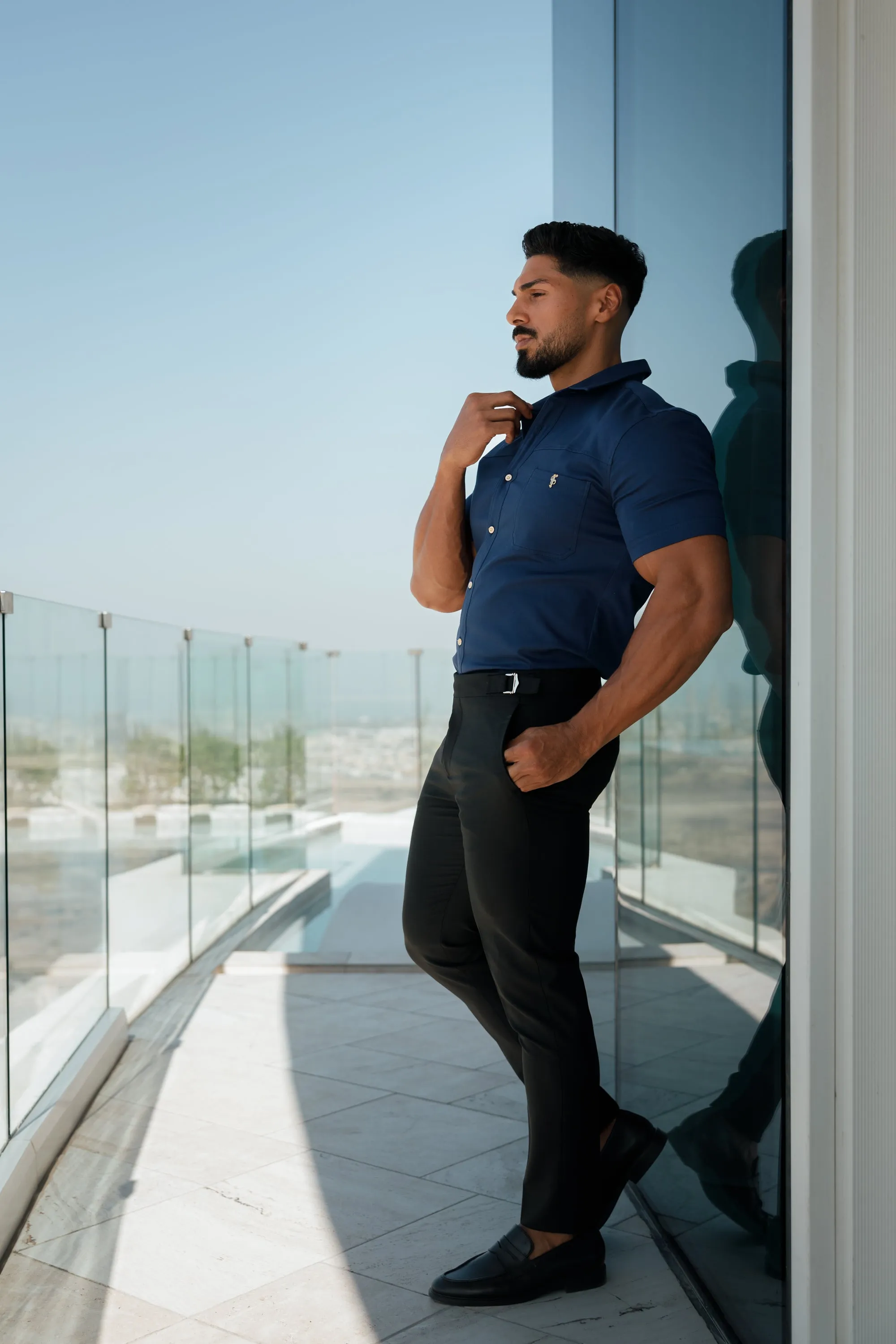 Father Sons Slim Formal Black Stretch Trousers With Silver Waist Adjusters - FST035