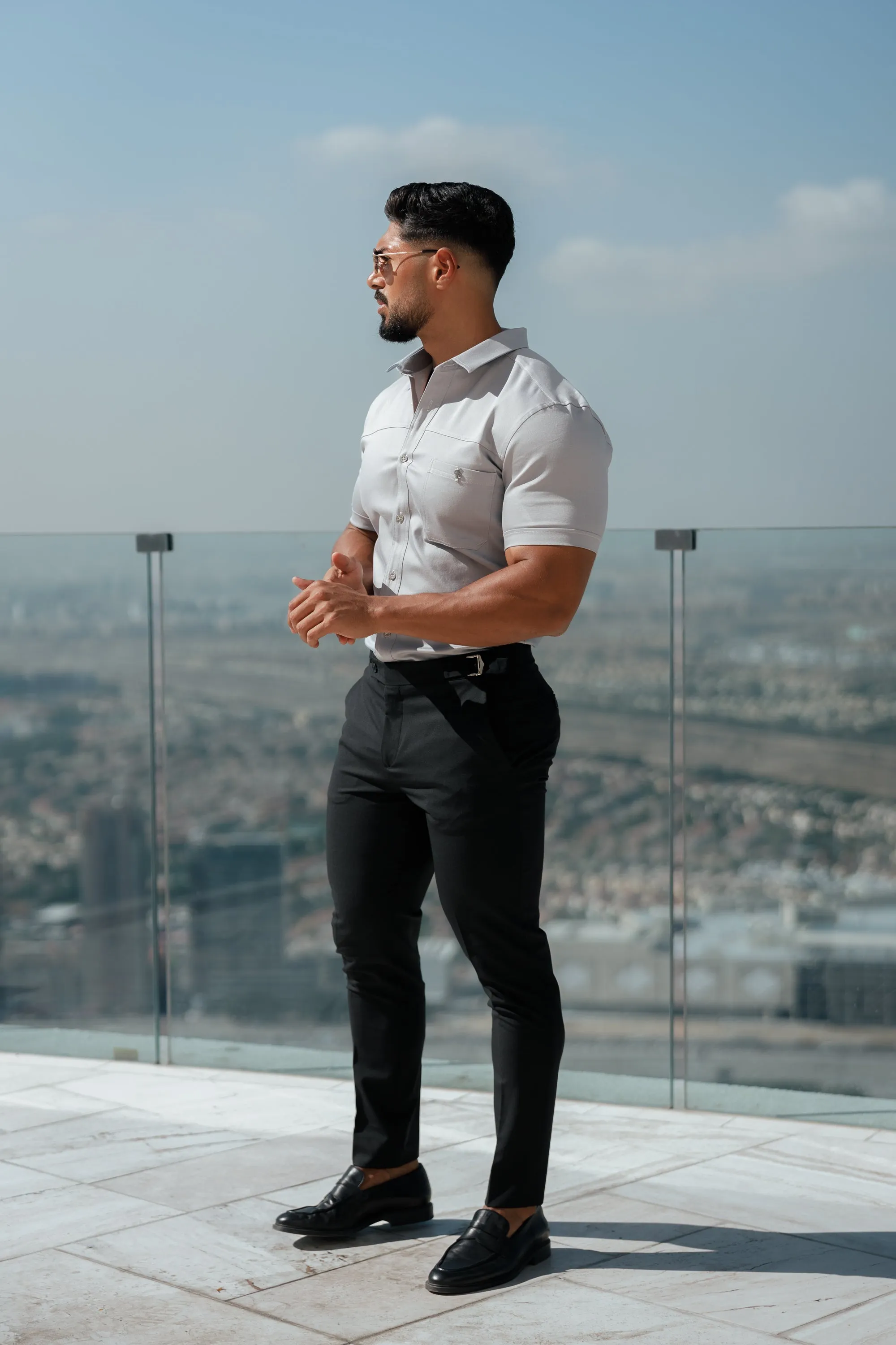 Father Sons Slim Formal Black Stretch Trousers With Silver Waist Adjusters - FST035