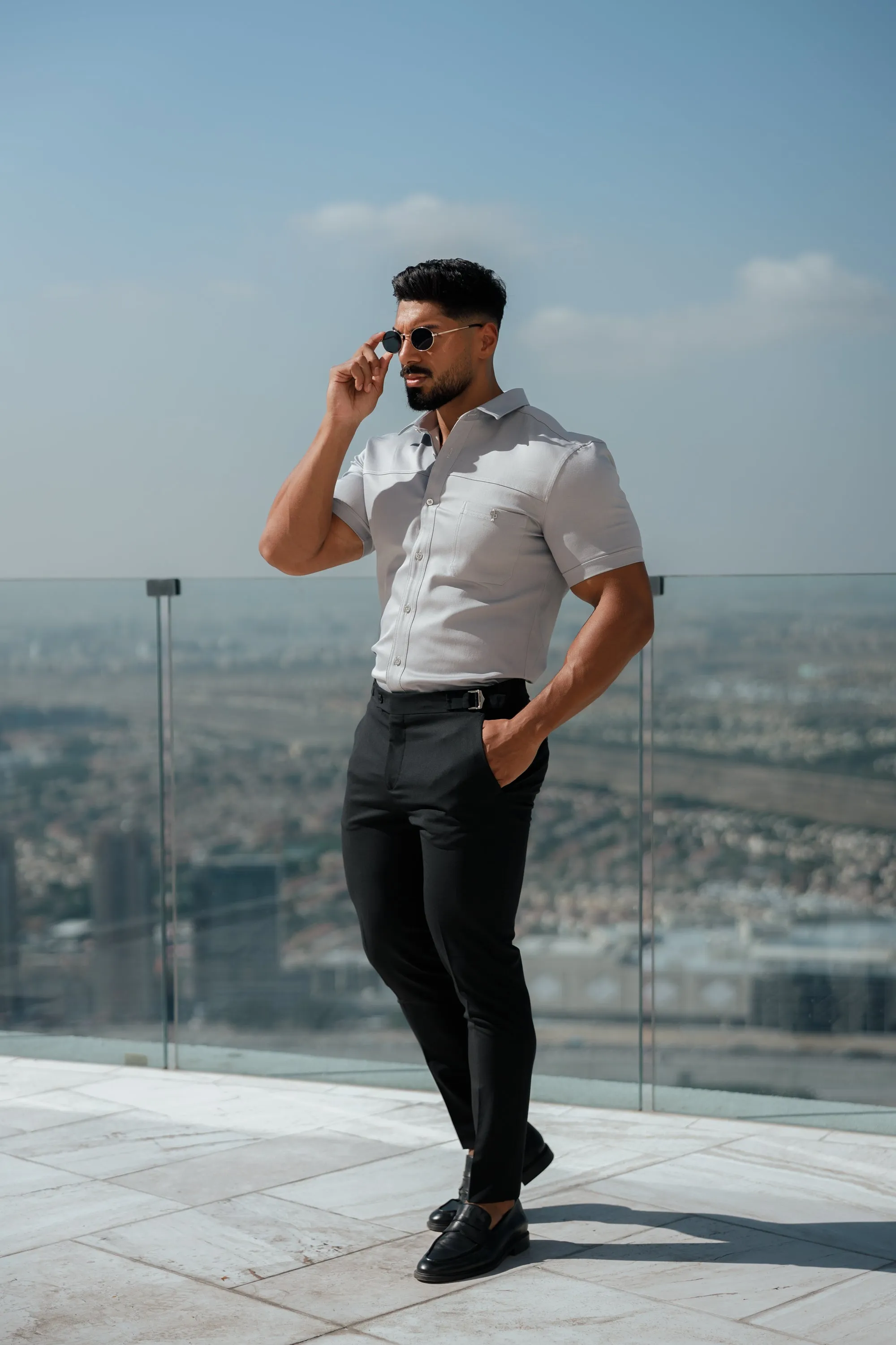 Father Sons Slim Formal Black Stretch Trousers With Silver Waist Adjusters - FST035