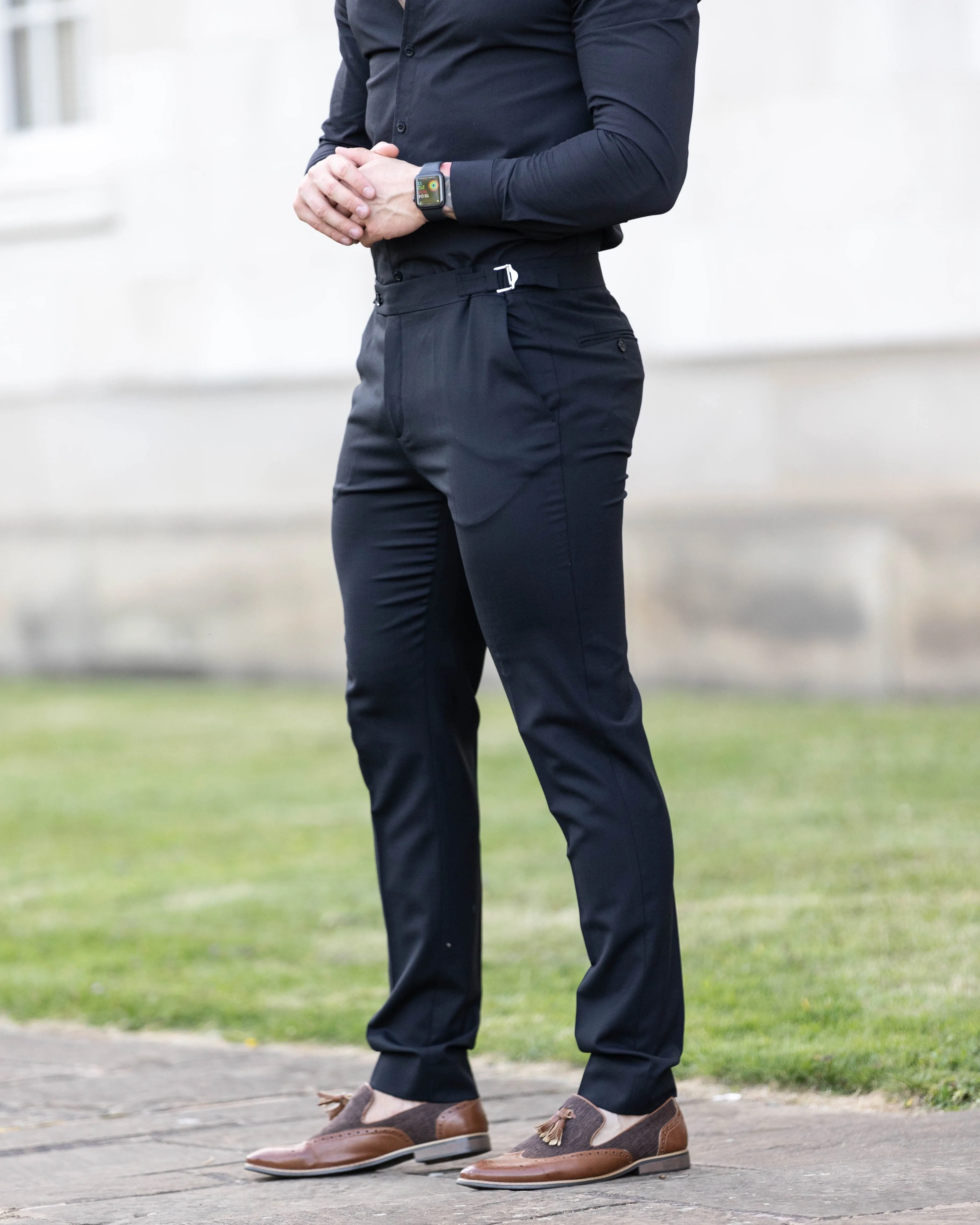 Father Sons Slim Formal Black Stretch Trousers With Silver Waist Adjusters - FST035