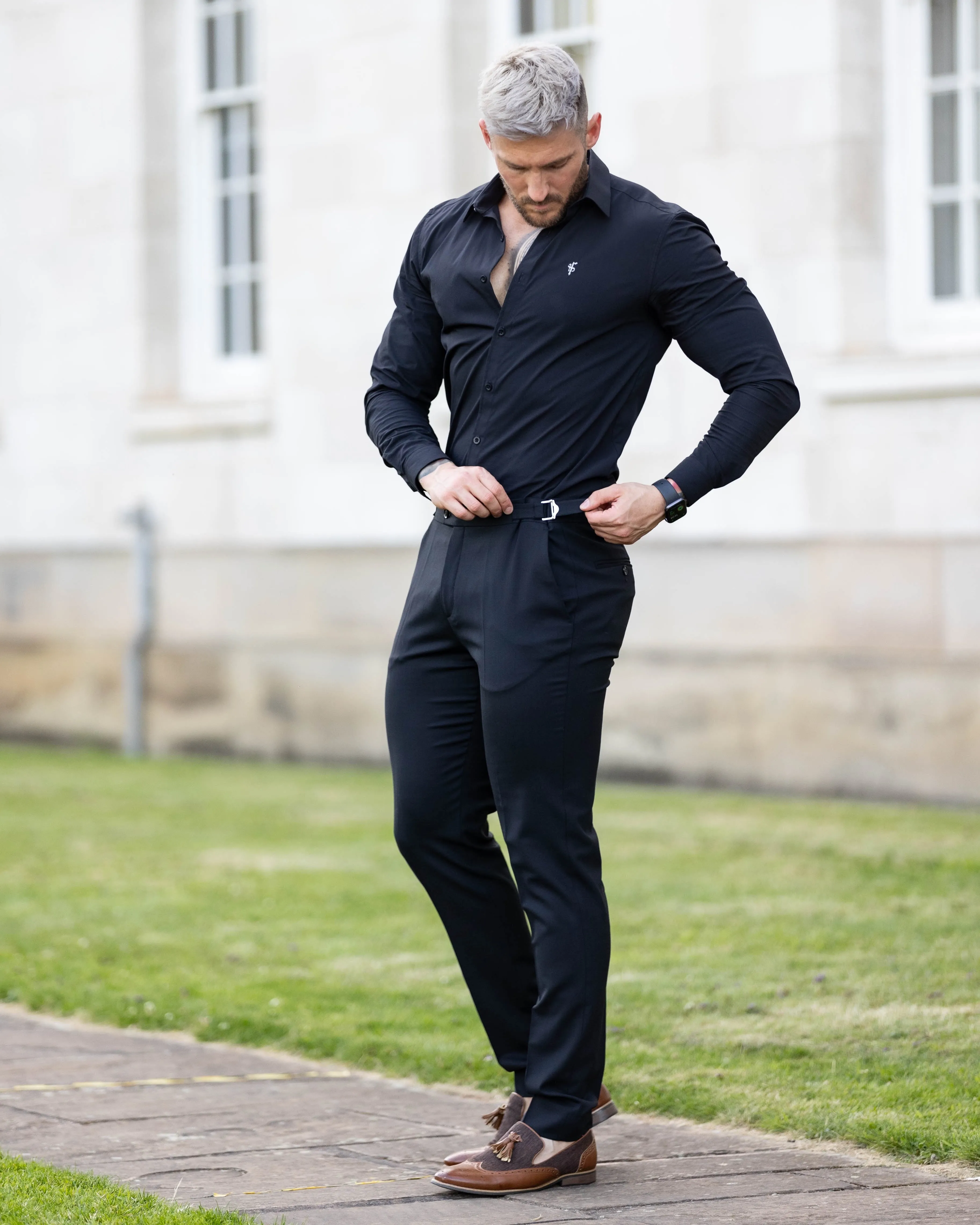 Father Sons Slim Formal Black Stretch Trousers With Silver Waist Adjusters - FST035