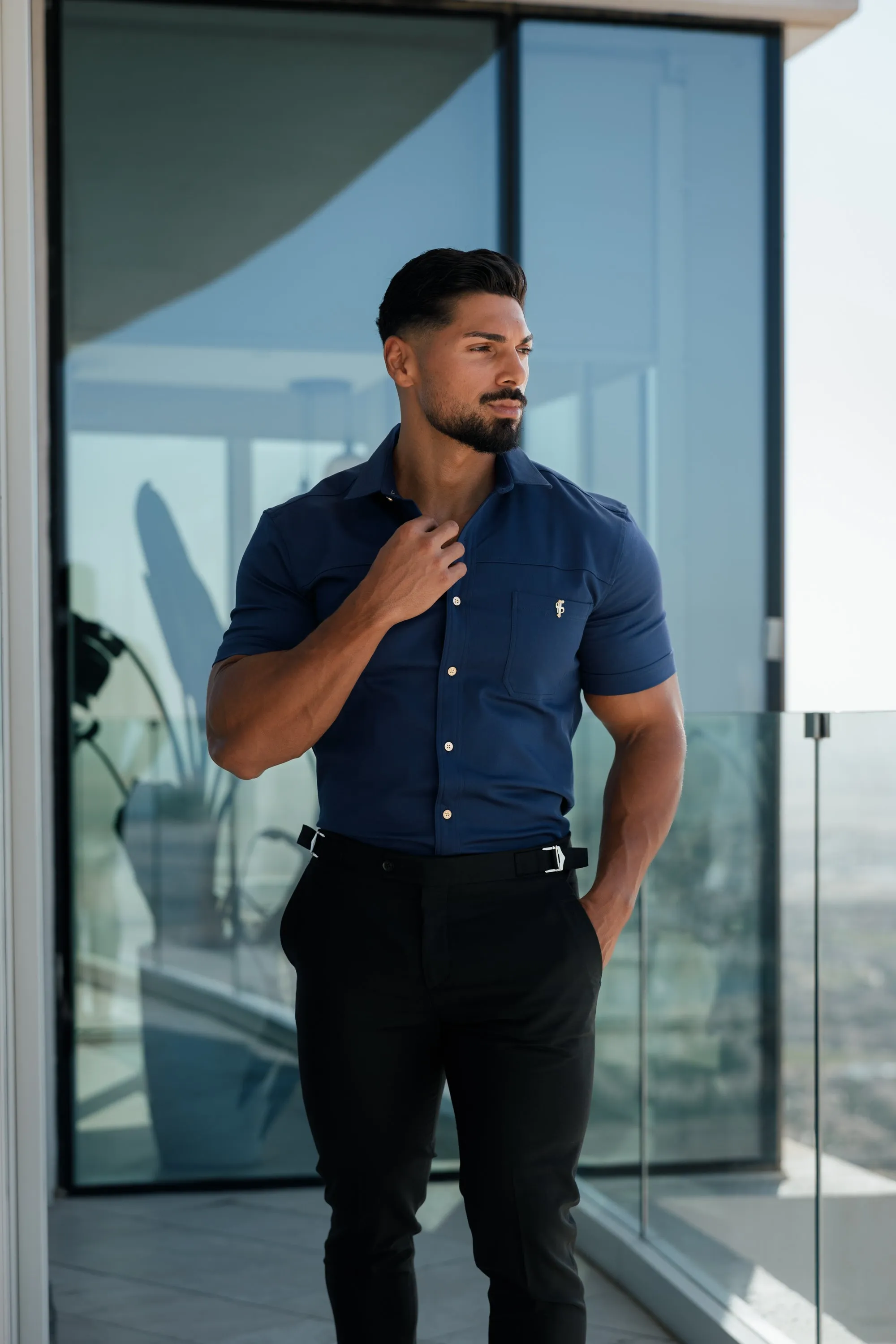 Father Sons Slim Formal Black Stretch Trousers With Silver Waist Adjusters - FST035